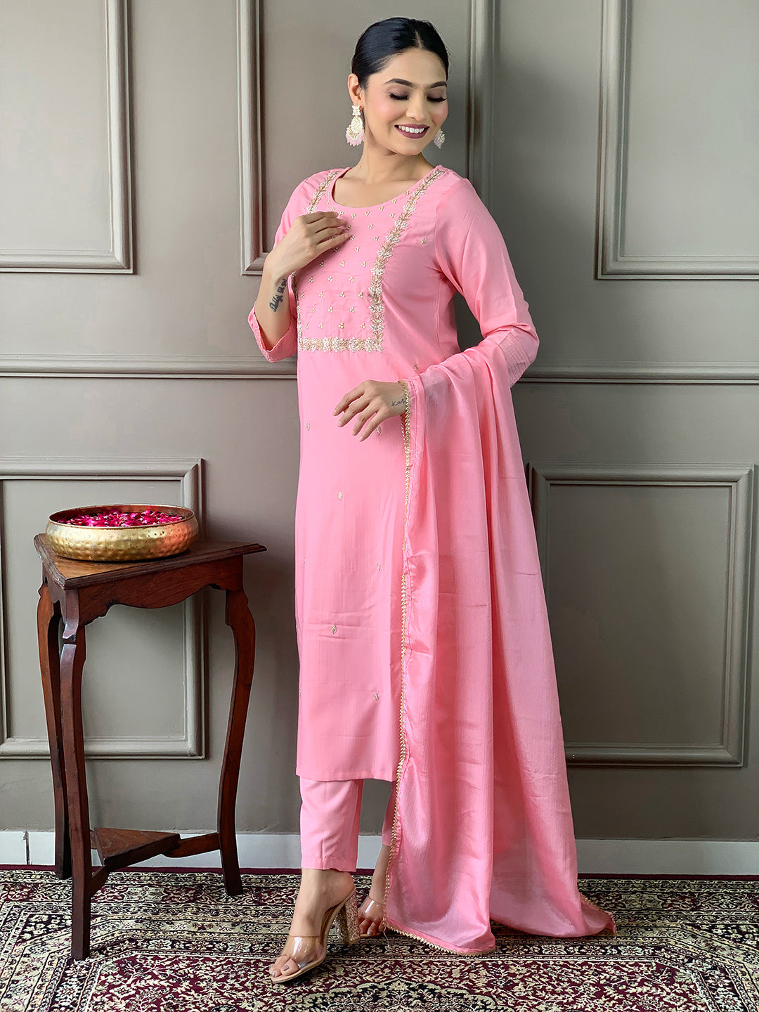 Elegant Pink Embroidered Rayon Kurti Pant Set with Chinon Dupatta for Women