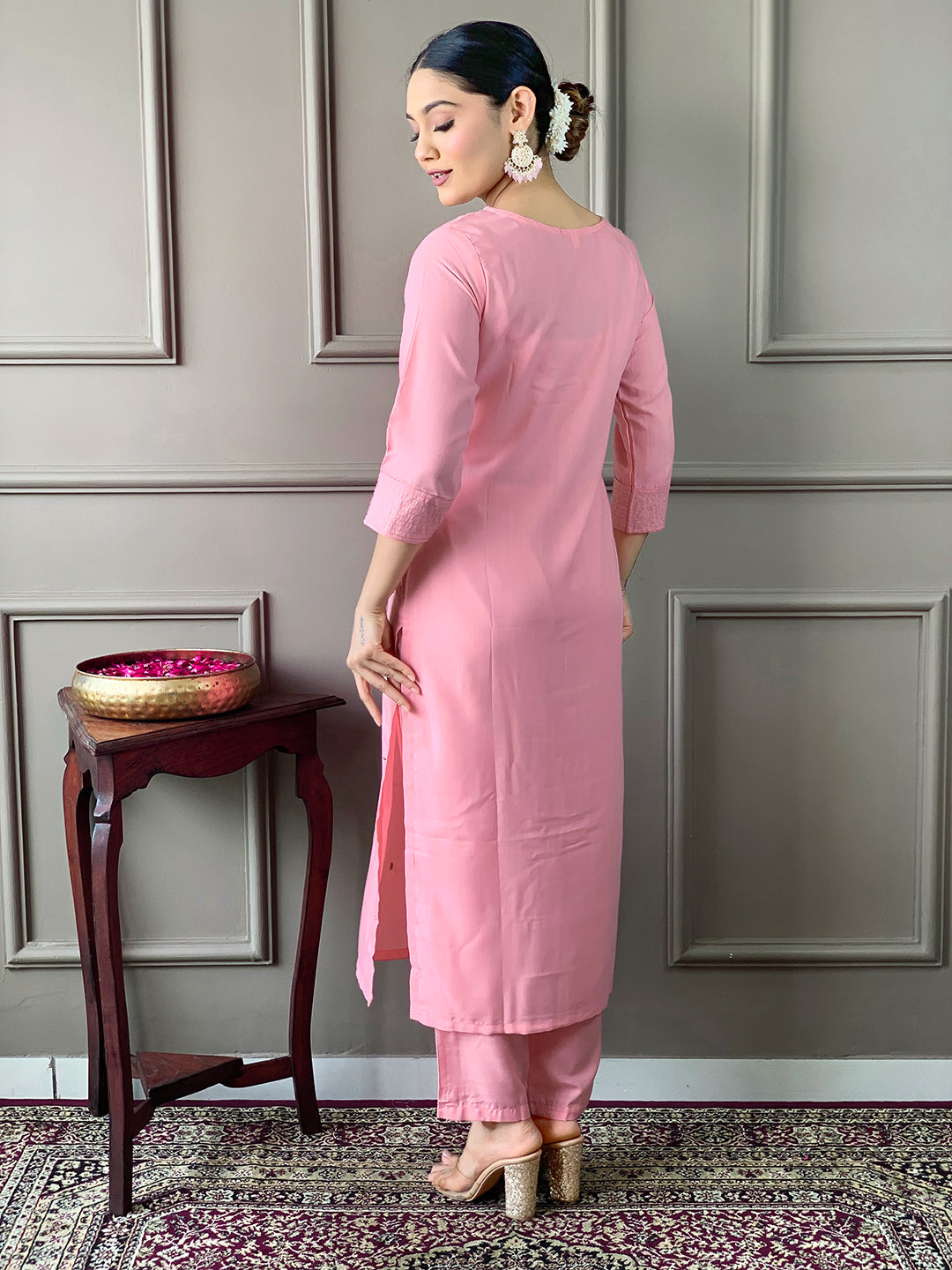 Elegant Pink Embroidered Rayon Kurti Pant Set with Chinon Dupatta for Women