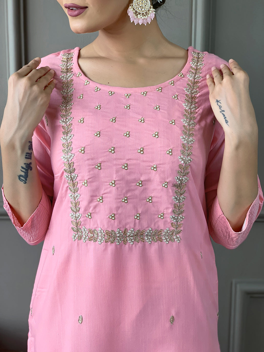 Elegant Pink Embroidered Rayon Kurti Pant Set with Chinon Dupatta for Women