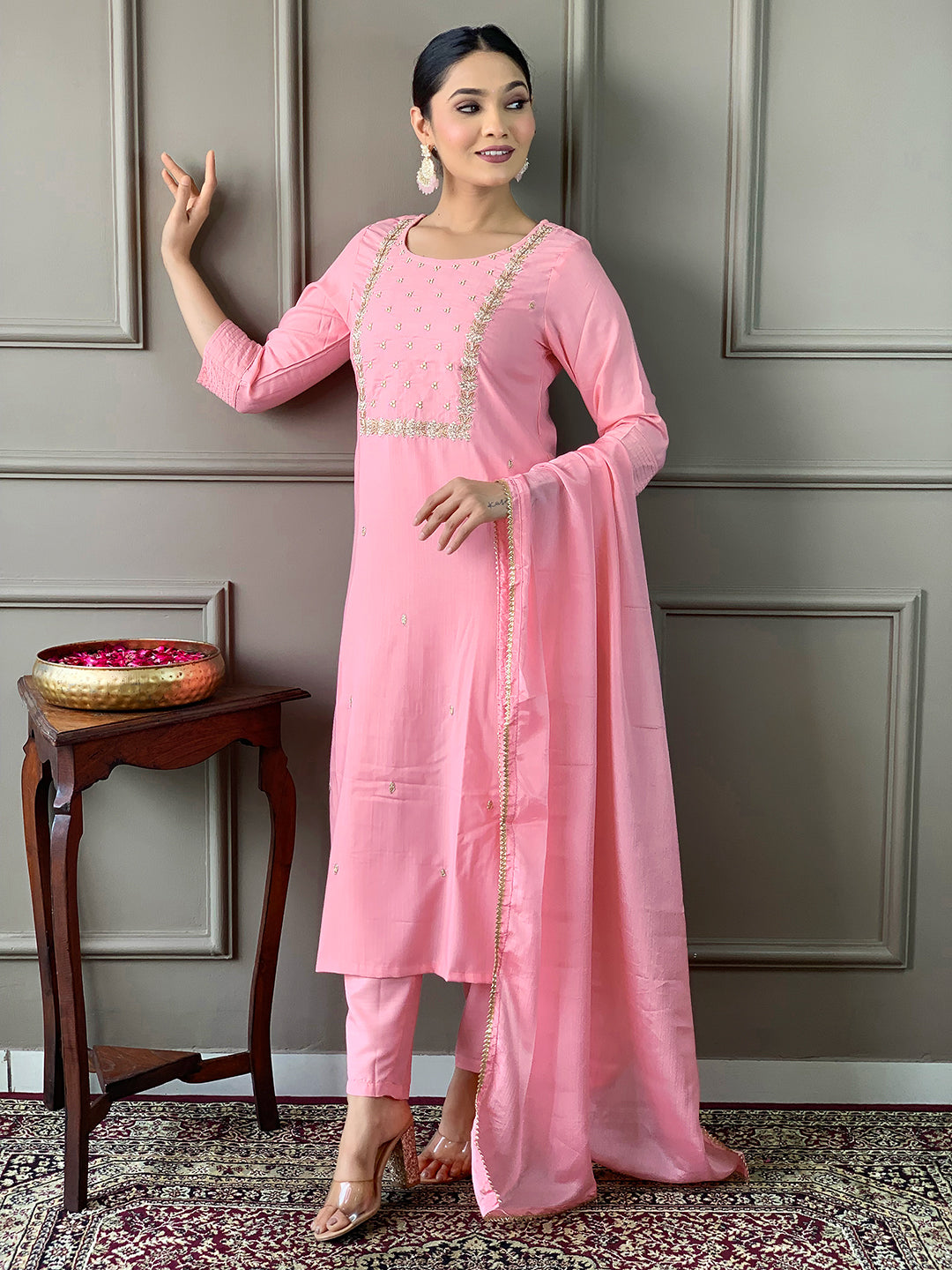 Elegant Pink Embroidered Rayon Kurti Pant Set with Chinon Dupatta for Women