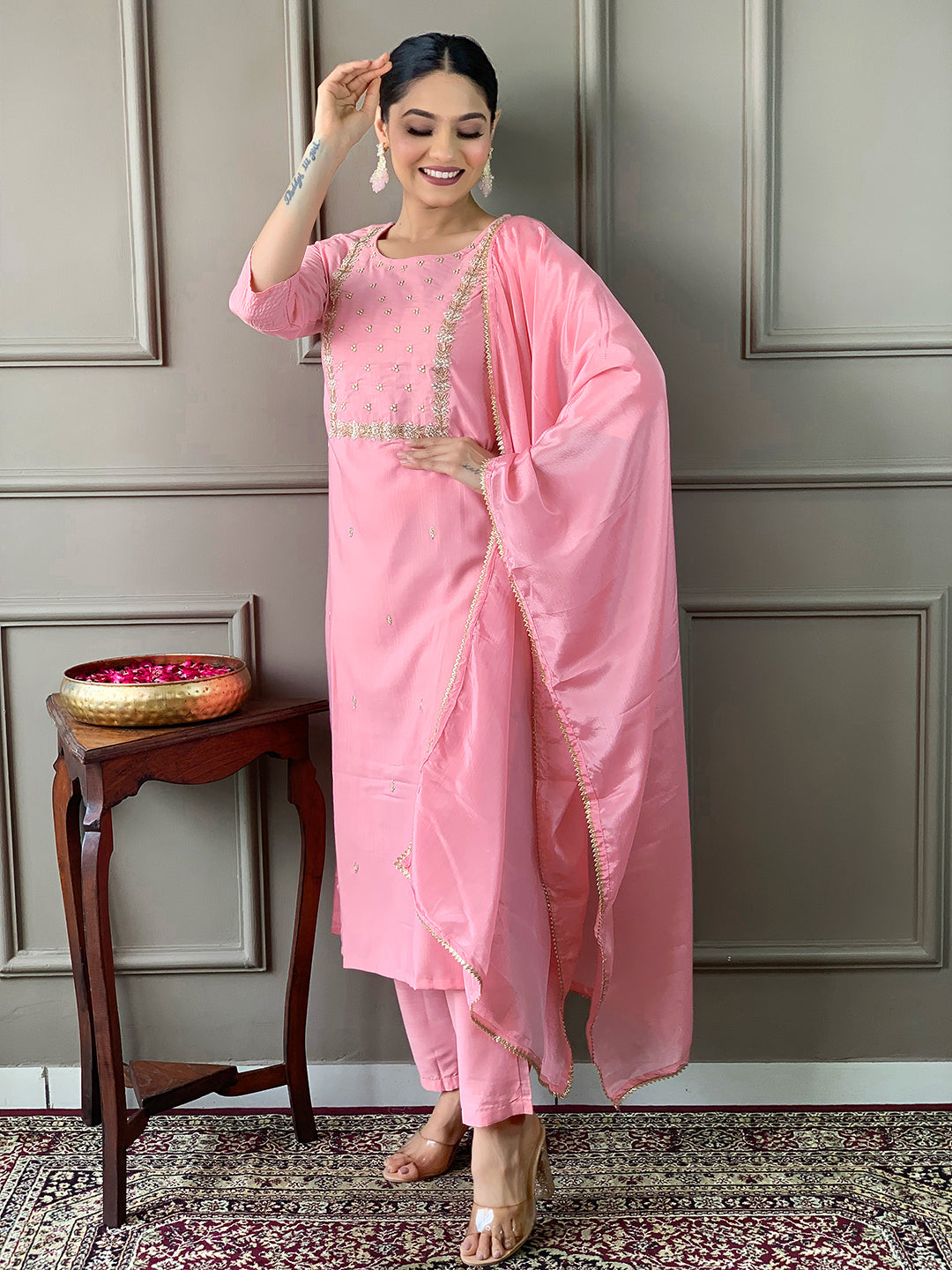 Elegant Pink Embroidered Rayon Kurti Pant Set with Chinon Dupatta for Women
