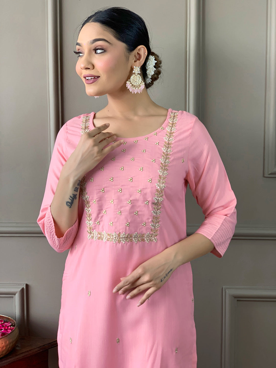 Elegant Pink Embroidered Rayon Kurti Pant Set with Chinon Dupatta for Women
