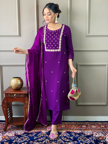Elegant Violet Embroidered Rayon Kurti Set with Pant & Chinon Dupatta | Festive & Ethnic Wear (S–XXL)