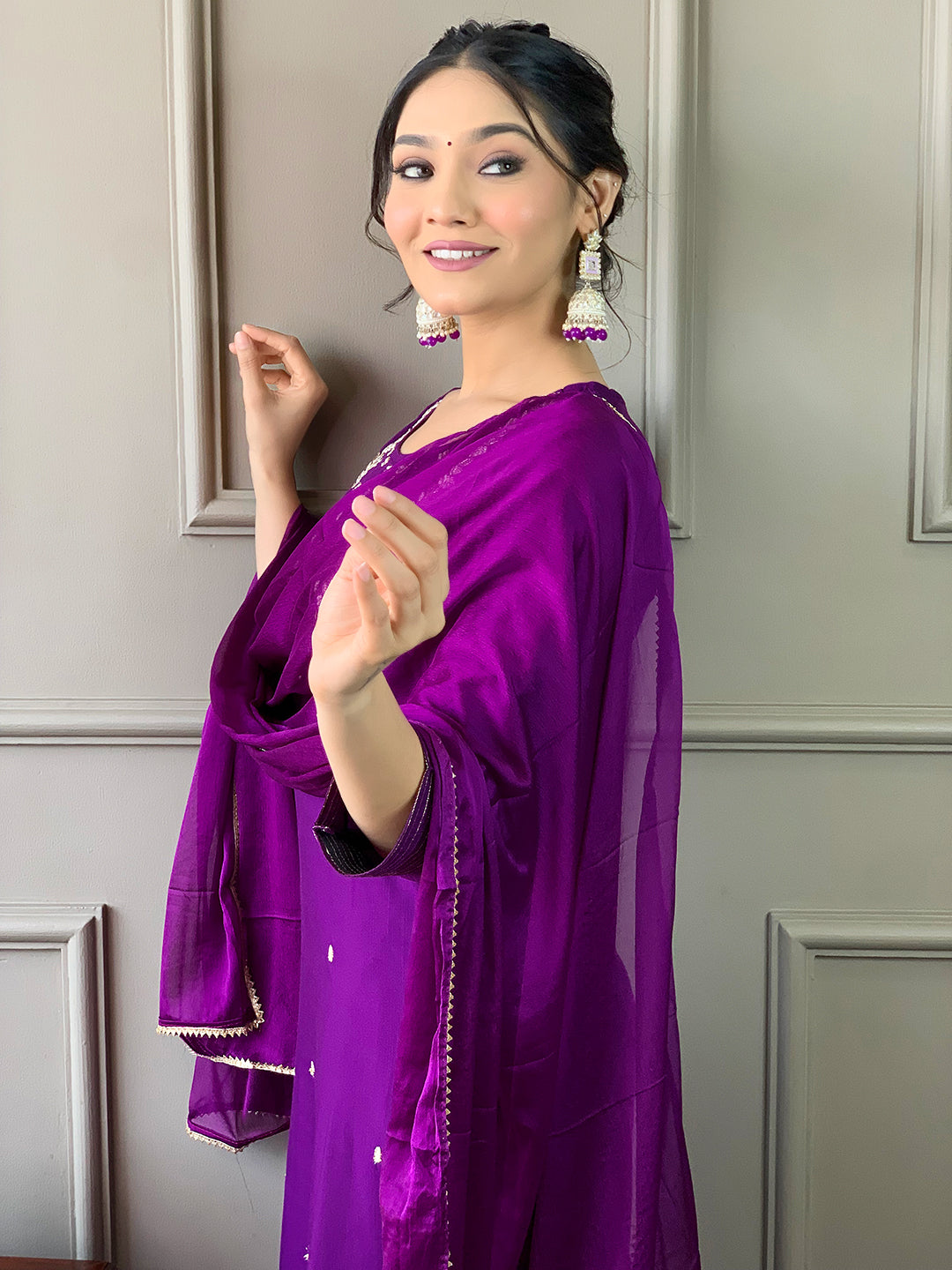 Elegant Violet Embroidered Rayon Kurti Set with Pant & Chinon Dupatta | Festive & Ethnic Wear (S–XXL)
