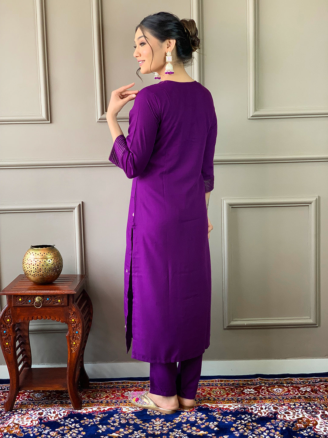 Elegant Violet Embroidered Rayon Kurti Set with Pant & Chinon Dupatta | Festive & Ethnic Wear (S–XXL)