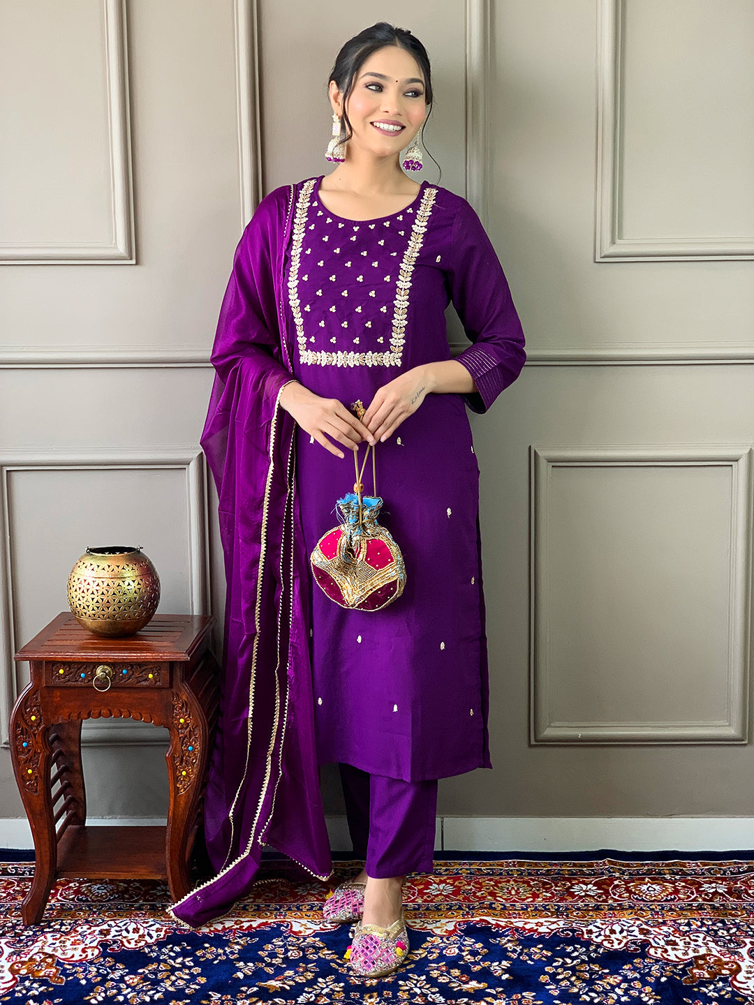 Elegant Violet Embroidered Rayon Kurti Set with Pant & Chinon Dupatta | Festive & Ethnic Wear (S–XXL)