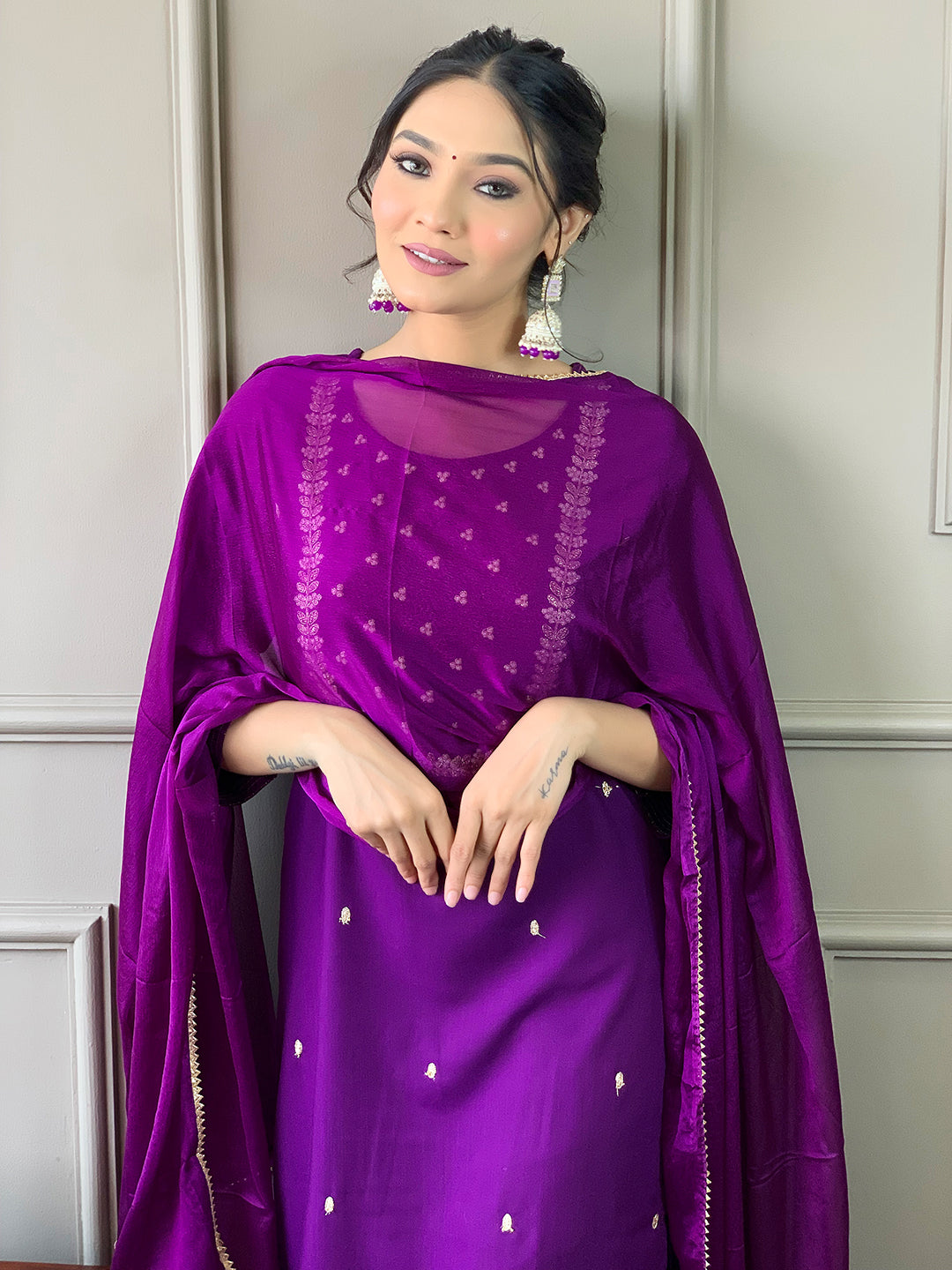 Elegant Violet Embroidered Rayon Kurti Set with Pant & Chinon Dupatta | Festive & Ethnic Wear (S–XXL)