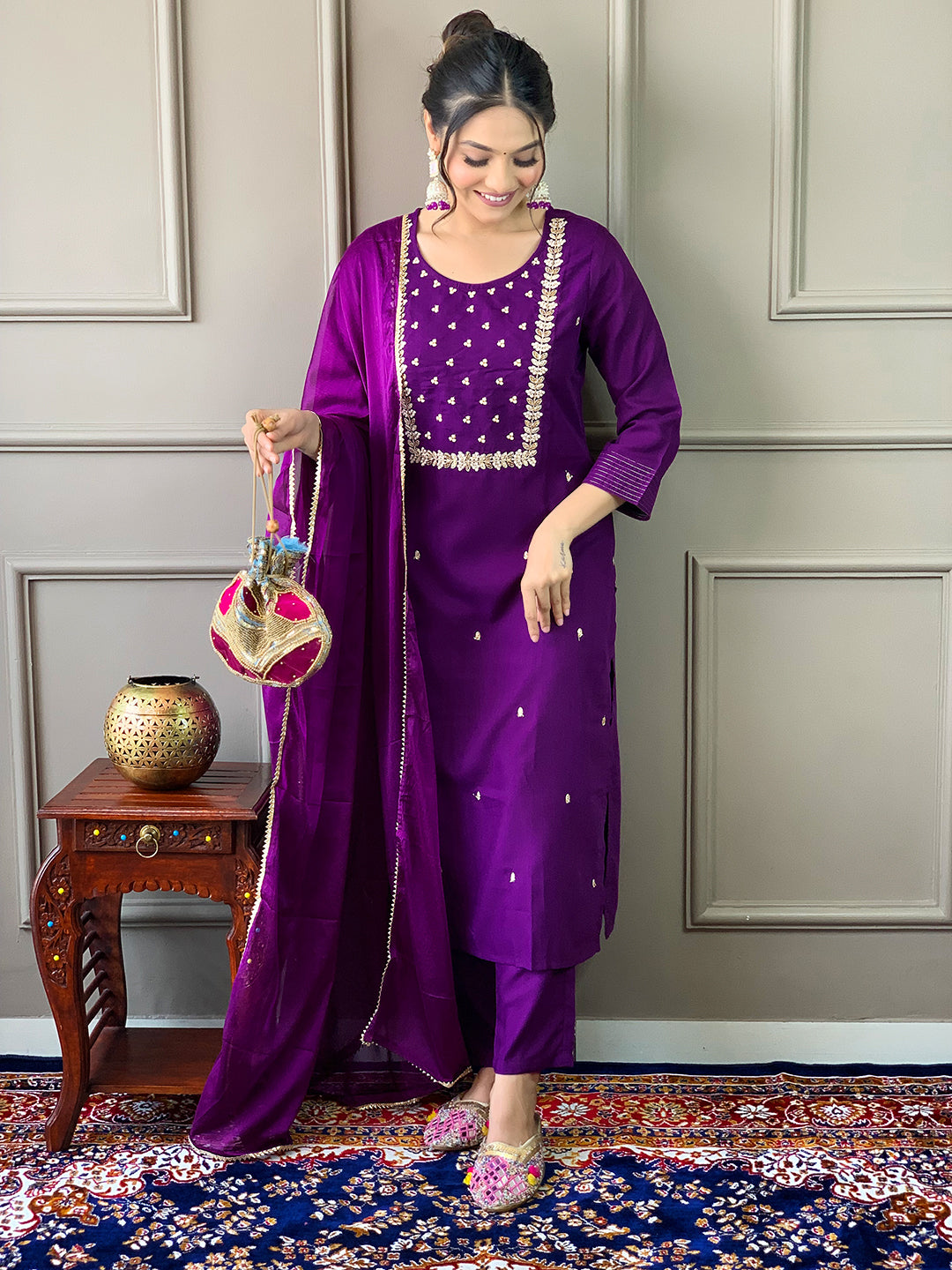 Elegant Violet Embroidered Rayon Kurti Set with Pant & Chinon Dupatta | Festive & Ethnic Wear (S–XXL)