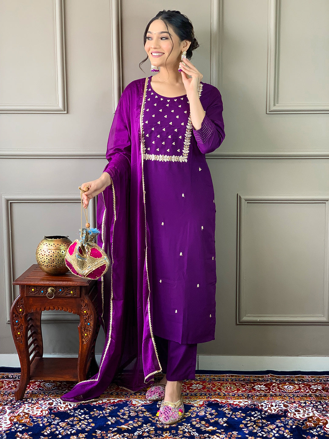 Elegant Violet Embroidered Rayon Kurti Set with Pant & Chinon Dupatta | Festive & Ethnic Wear (S–XXL)