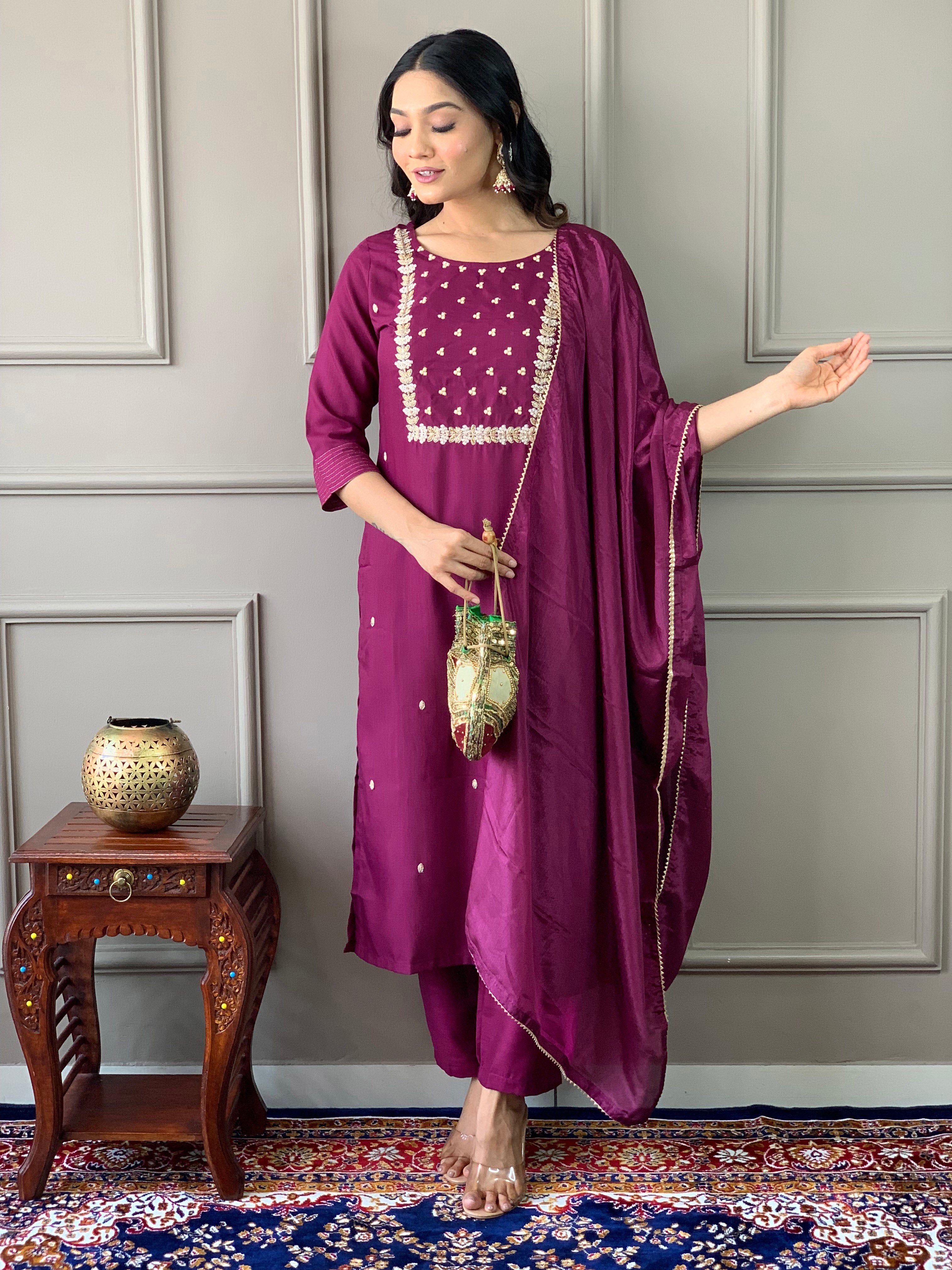 Elegant Wine Embroidered Rayon Slub Kurti Pant Set with Chinon Dupatta