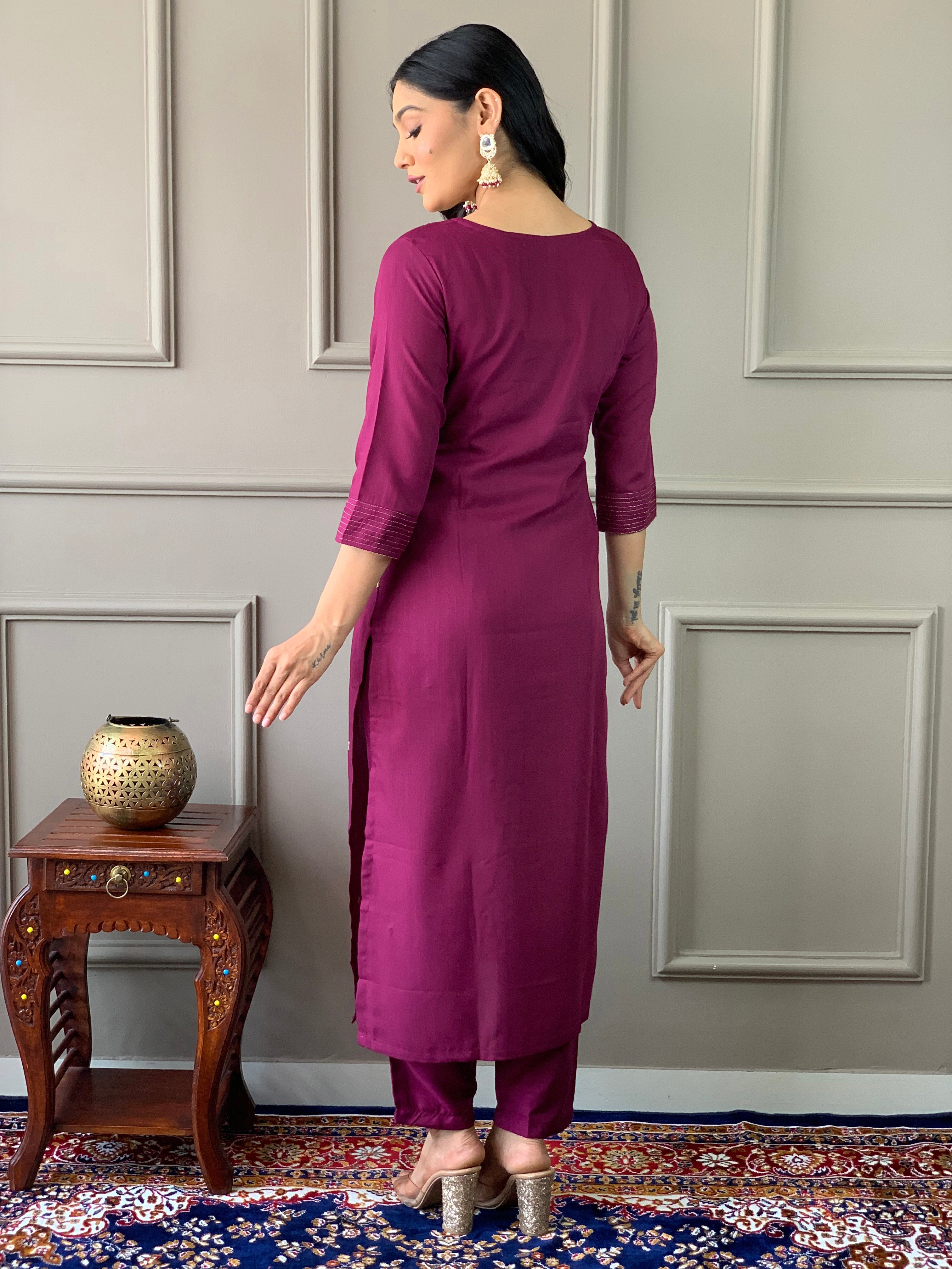 Elegant Wine Embroidered Rayon Slub Kurti Pant Set with Chinon Dupatta