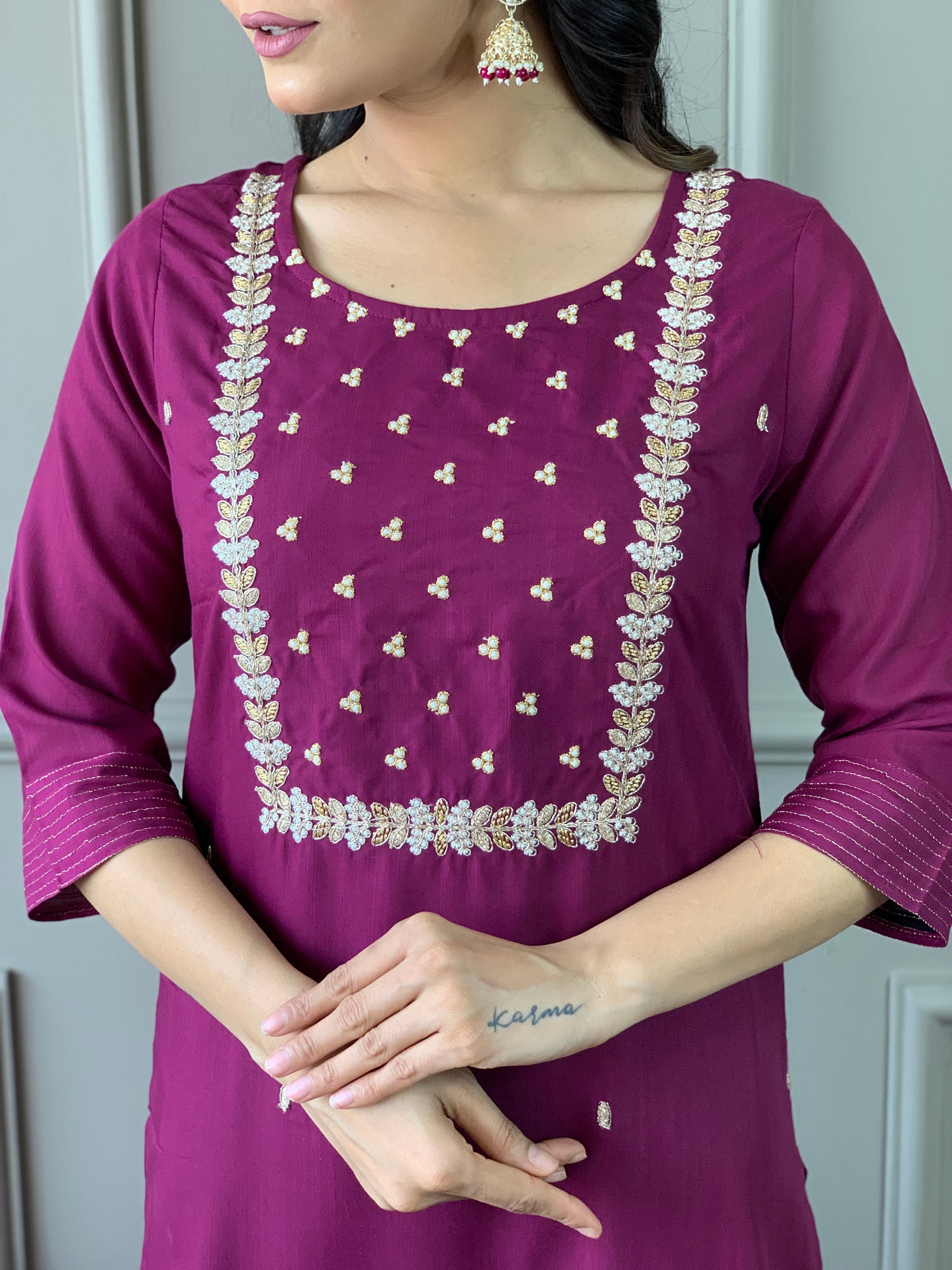 Elegant Wine Embroidered Rayon Slub Kurti Pant Set with Chinon Dupatta