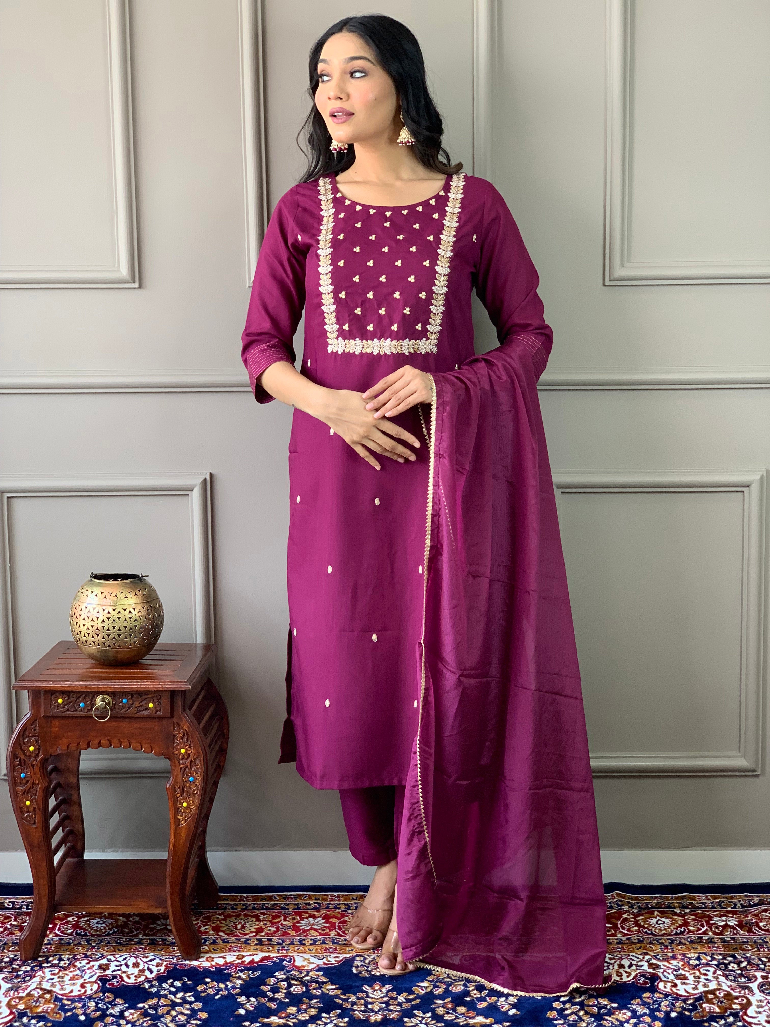 Elegant Wine Embroidered Rayon Slub Kurti Pant Set with Chinon Dupatta