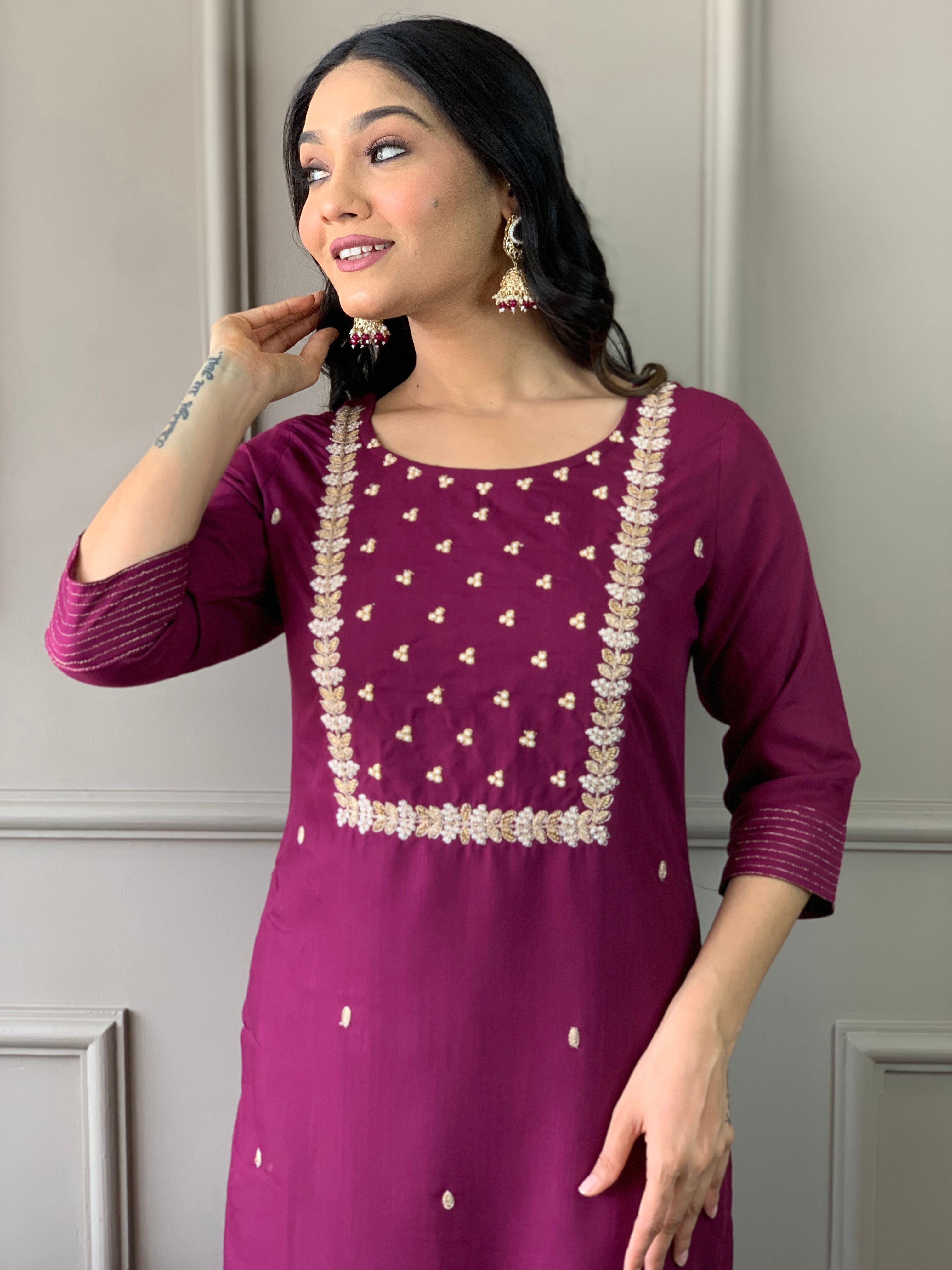 Elegant Wine Embroidered Rayon Slub Kurti Pant Set with Chinon Dupatta
