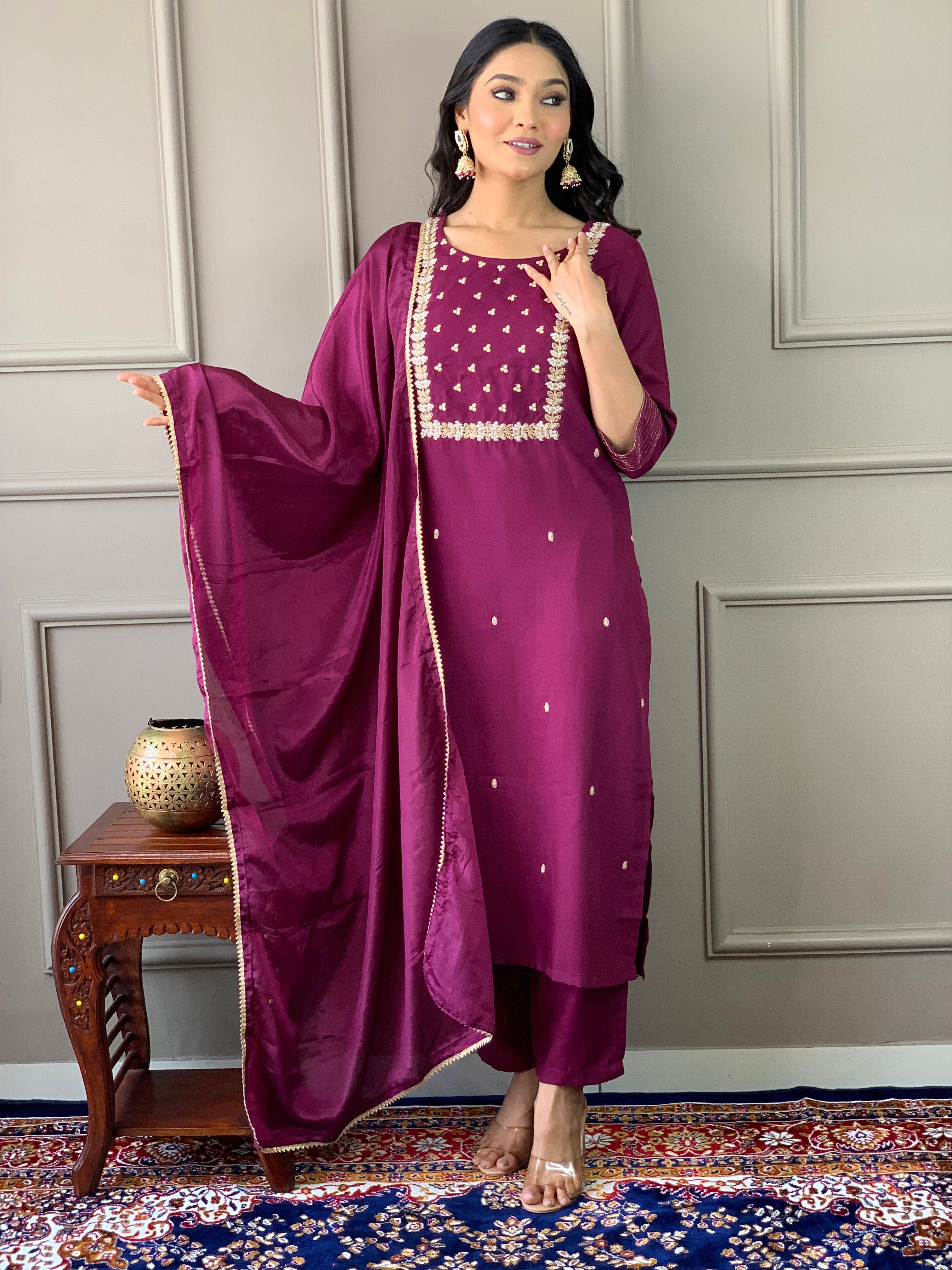 Elegant Wine Embroidered Rayon Slub Kurti Pant Set with Chinon Dupatta