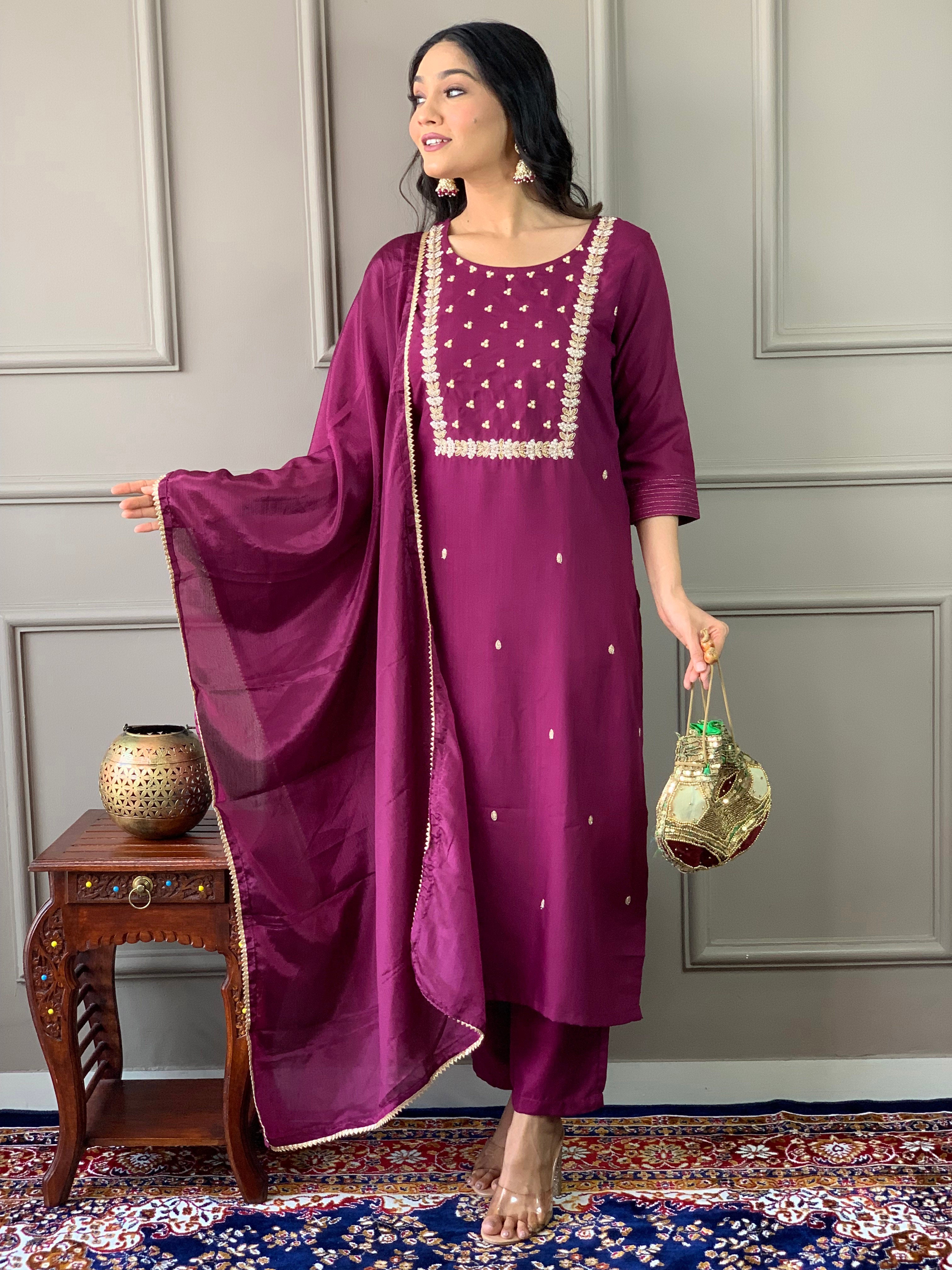 Elegant Wine Embroidered Rayon Slub Kurti Pant Set with Chinon Dupatta