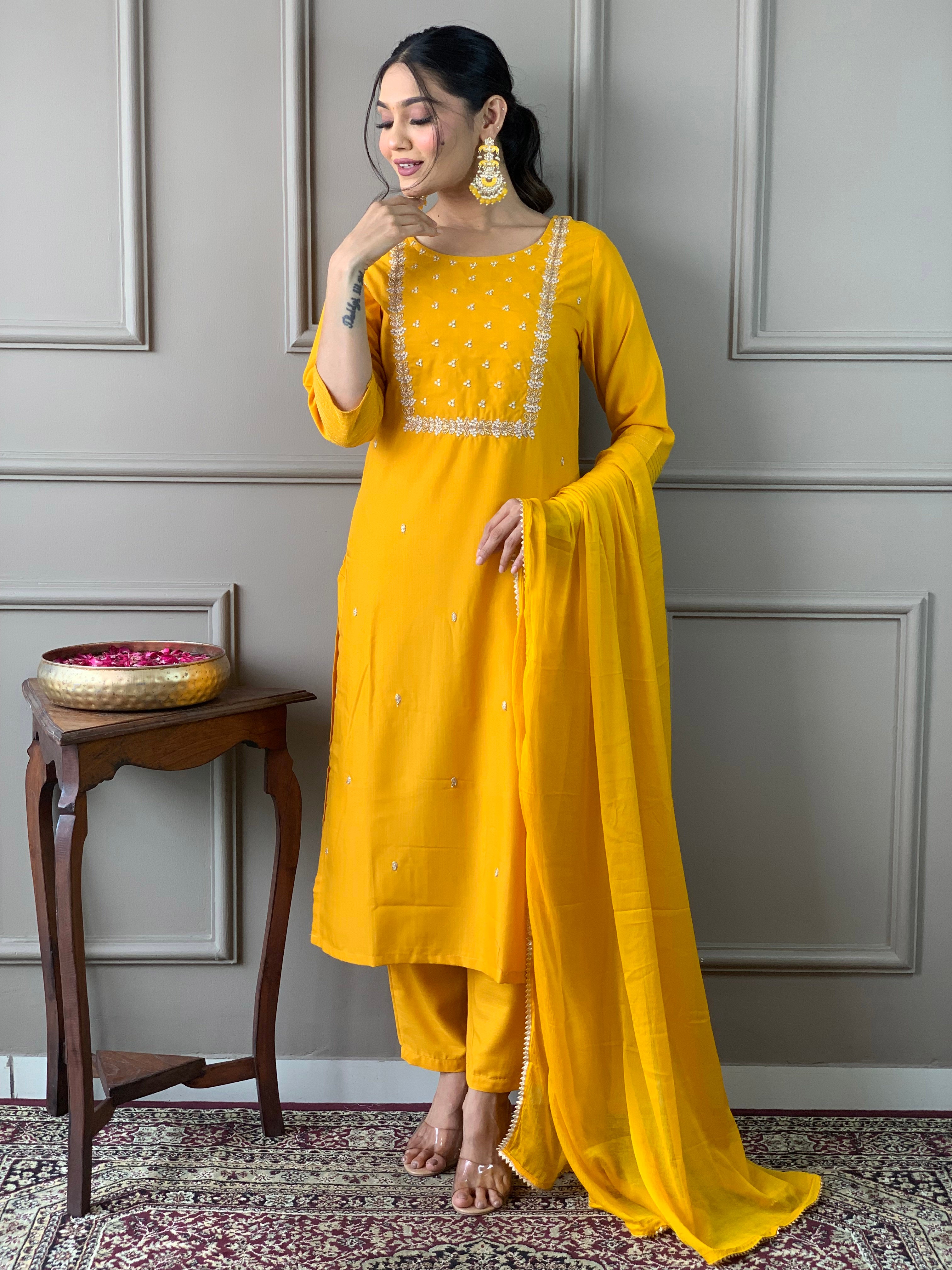 Elegant Yellow Embroidered Rayon Kurti Set with Pant & Chinon Dupatta | Festive & Ethnic Wear (S–XXL)