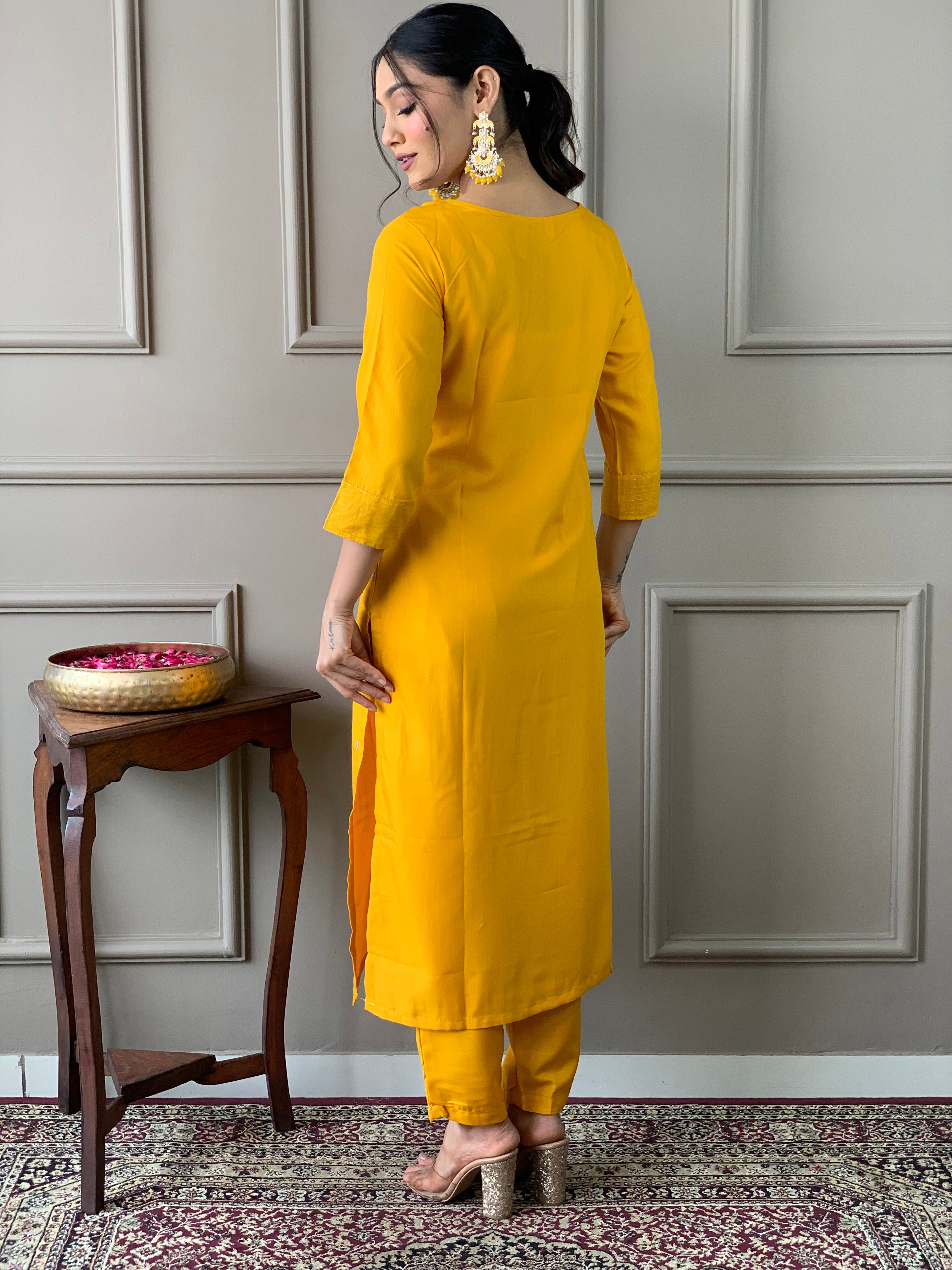 Elegant Yellow Embroidered Rayon Kurti Set with Pant & Chinon Dupatta | Festive & Ethnic Wear (S–XXL)