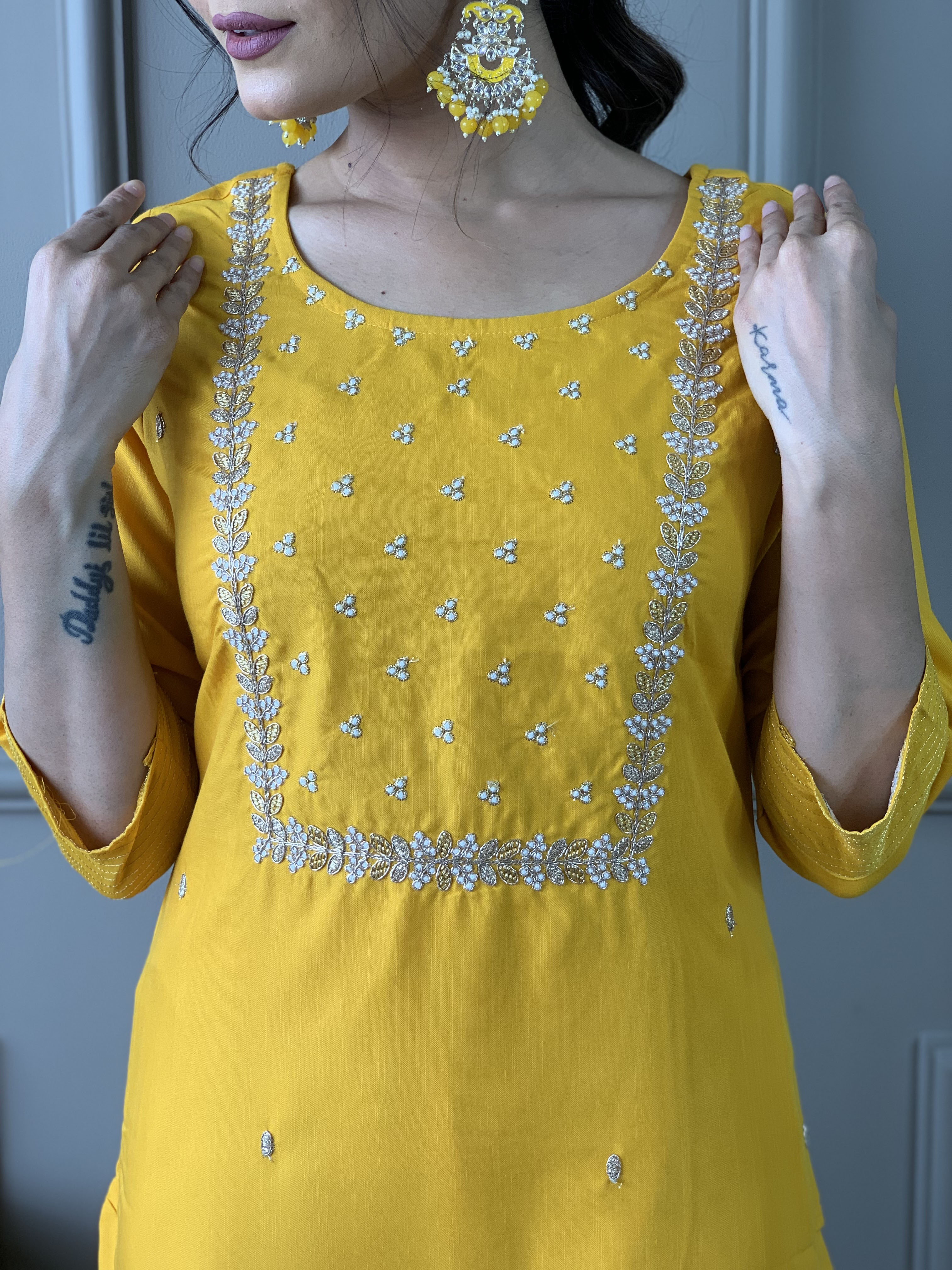 Elegant Yellow Embroidered Rayon Kurti Set with Pant & Chinon Dupatta | Festive & Ethnic Wear (S–XXL)