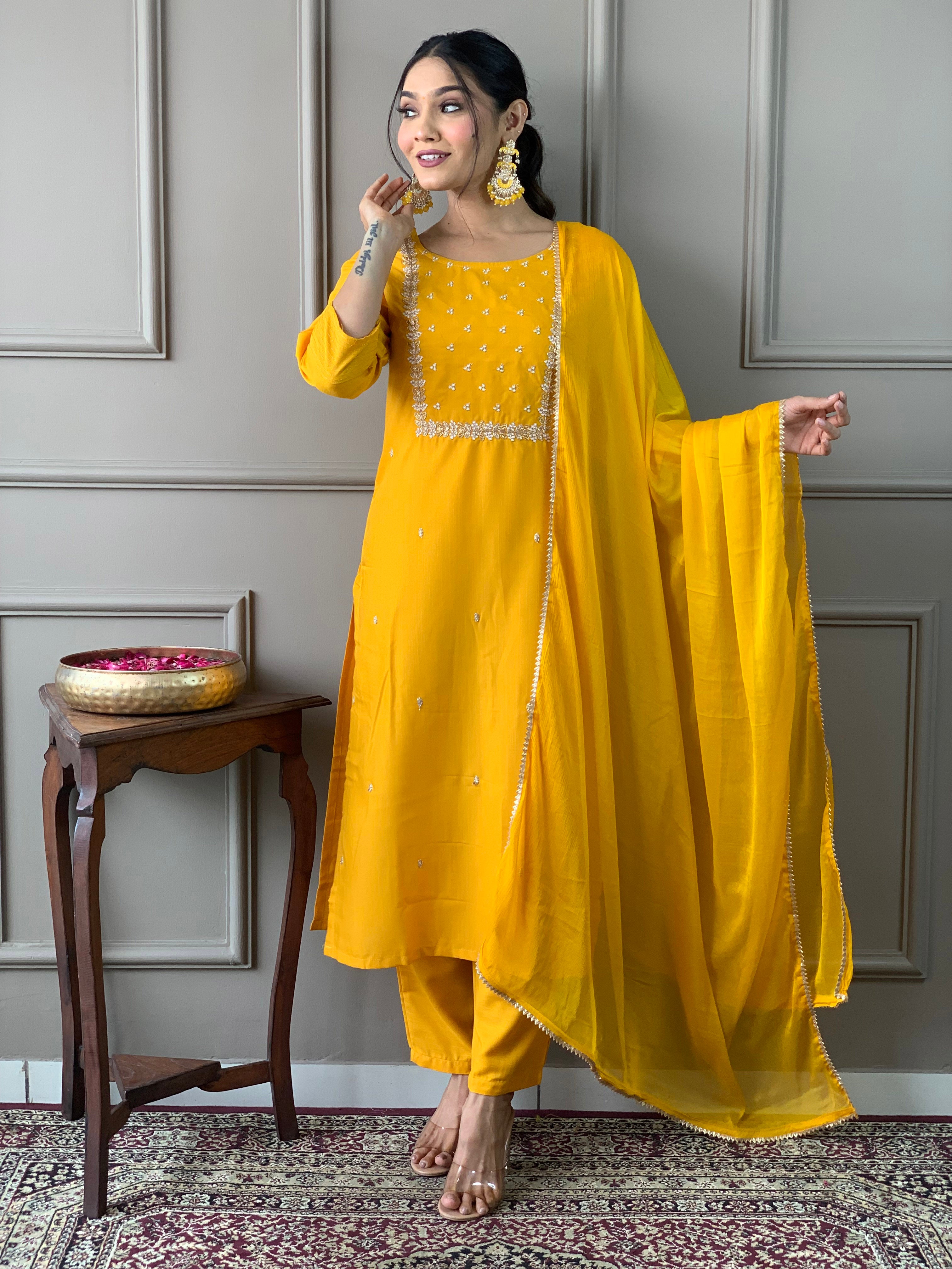 Elegant Yellow Embroidered Rayon Kurti Set with Pant & Chinon Dupatta | Festive & Ethnic Wear (S–XXL)