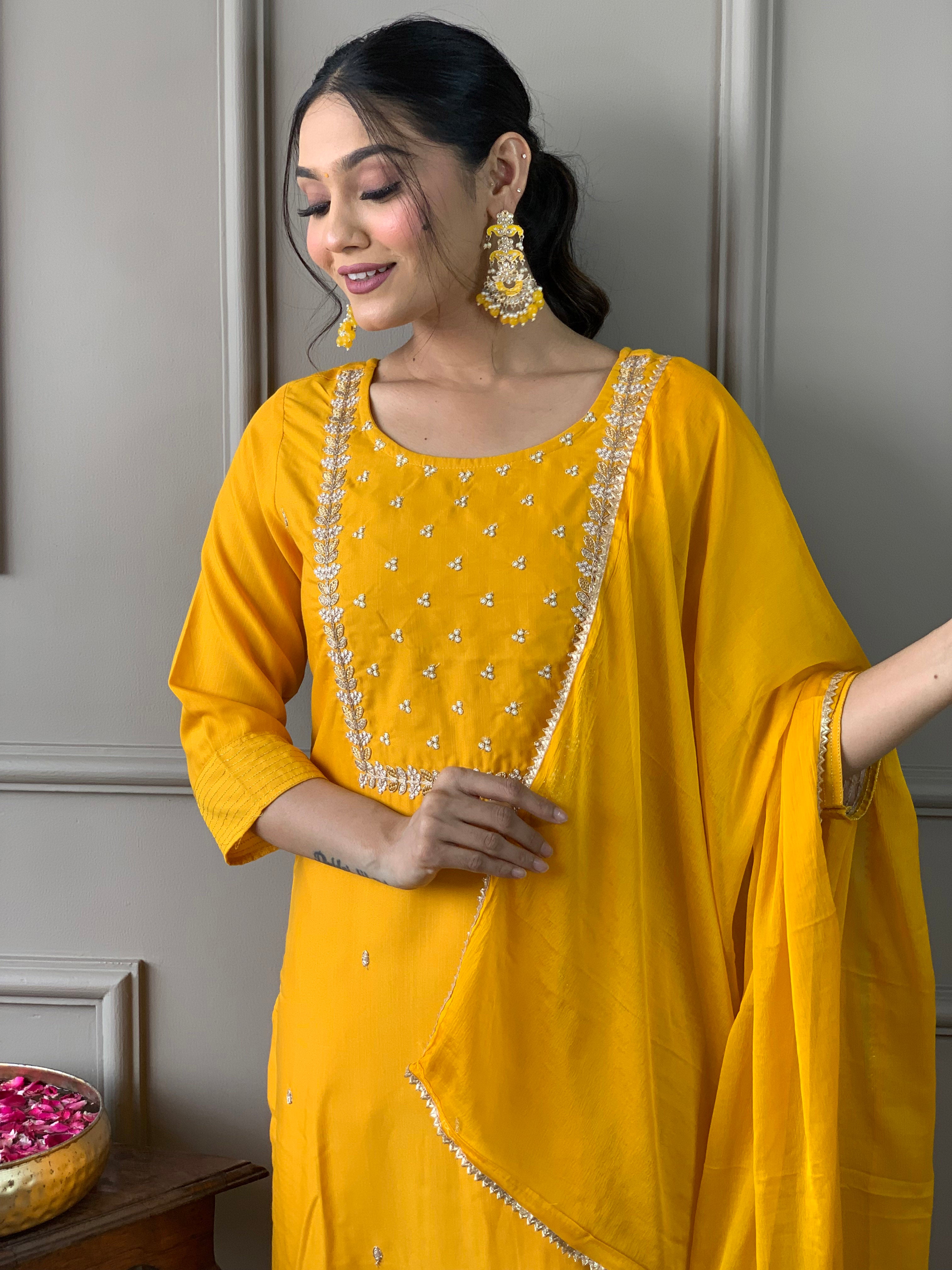 Elegant Yellow Embroidered Rayon Kurti Set with Pant & Chinon Dupatta | Festive & Ethnic Wear (S–XXL)