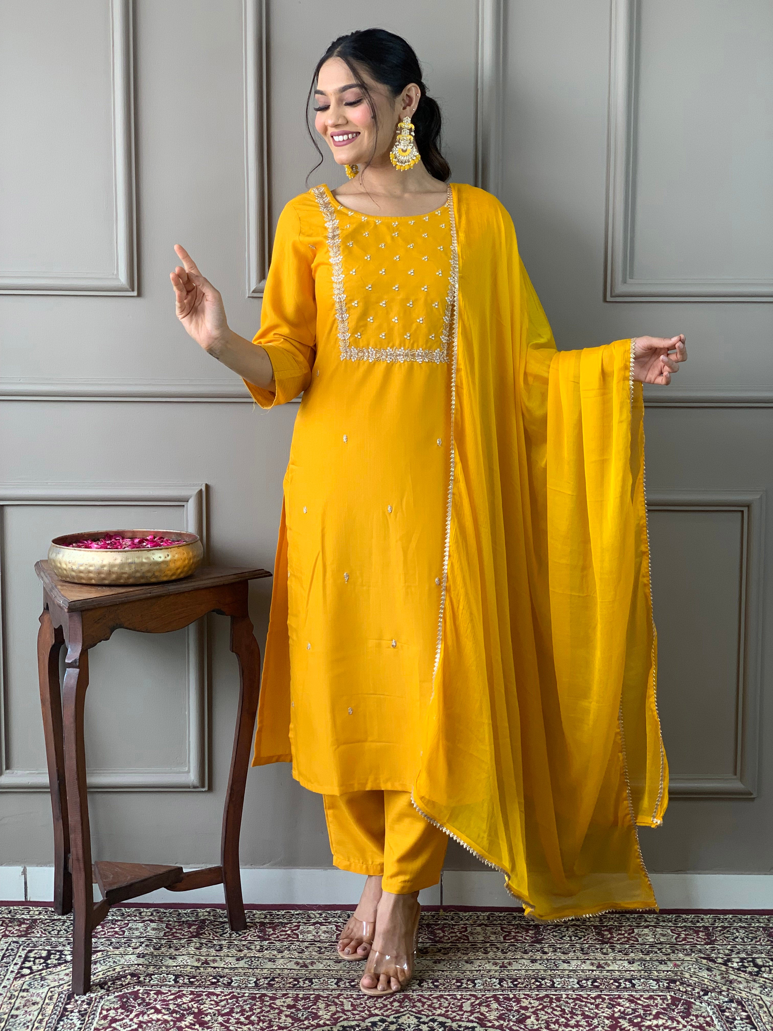 Elegant Yellow Embroidered Rayon Kurti Set with Pant & Chinon Dupatta | Festive & Ethnic Wear (S–XXL)