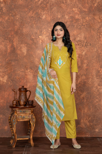 Mustard Yellow Embroidered Kurti Set with Striped Dupatta – Viscose Rayon Silk | Festive & Ethnic Wear