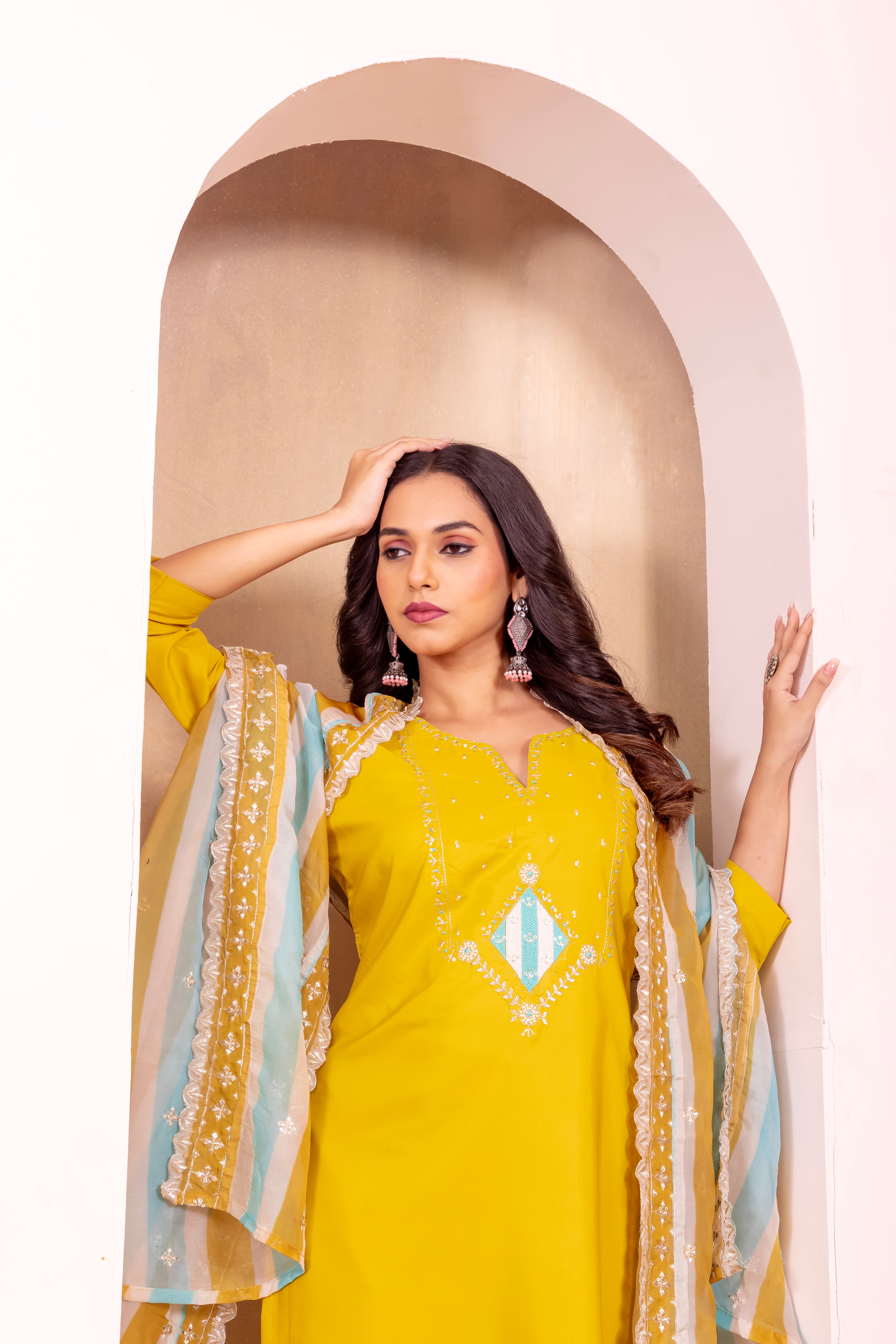 Mustard Yellow Embroidered Kurti Set with Striped Dupatta – Viscose Rayon Silk | Festive & Ethnic Wear