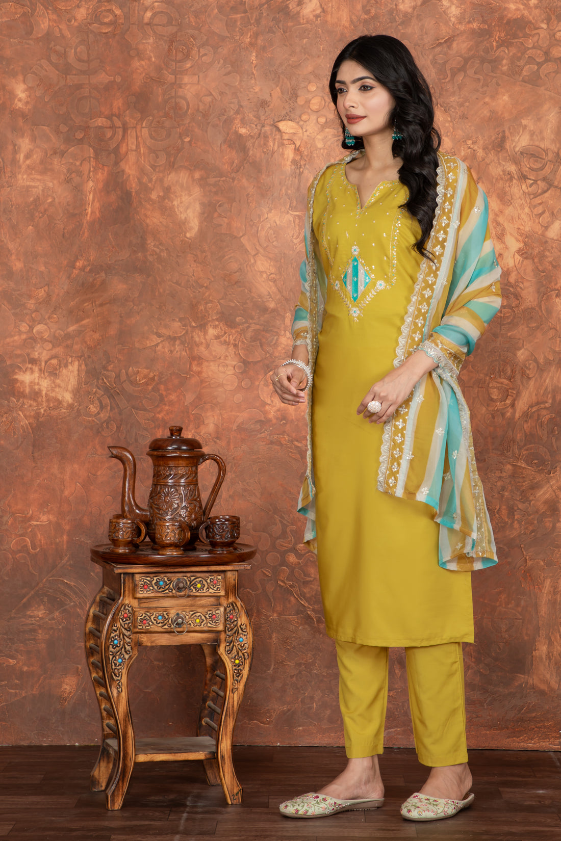 Mustard Yellow Embroidered Kurti Set with Striped Dupatta – Viscose Rayon Silk | Festive & Ethnic Wear