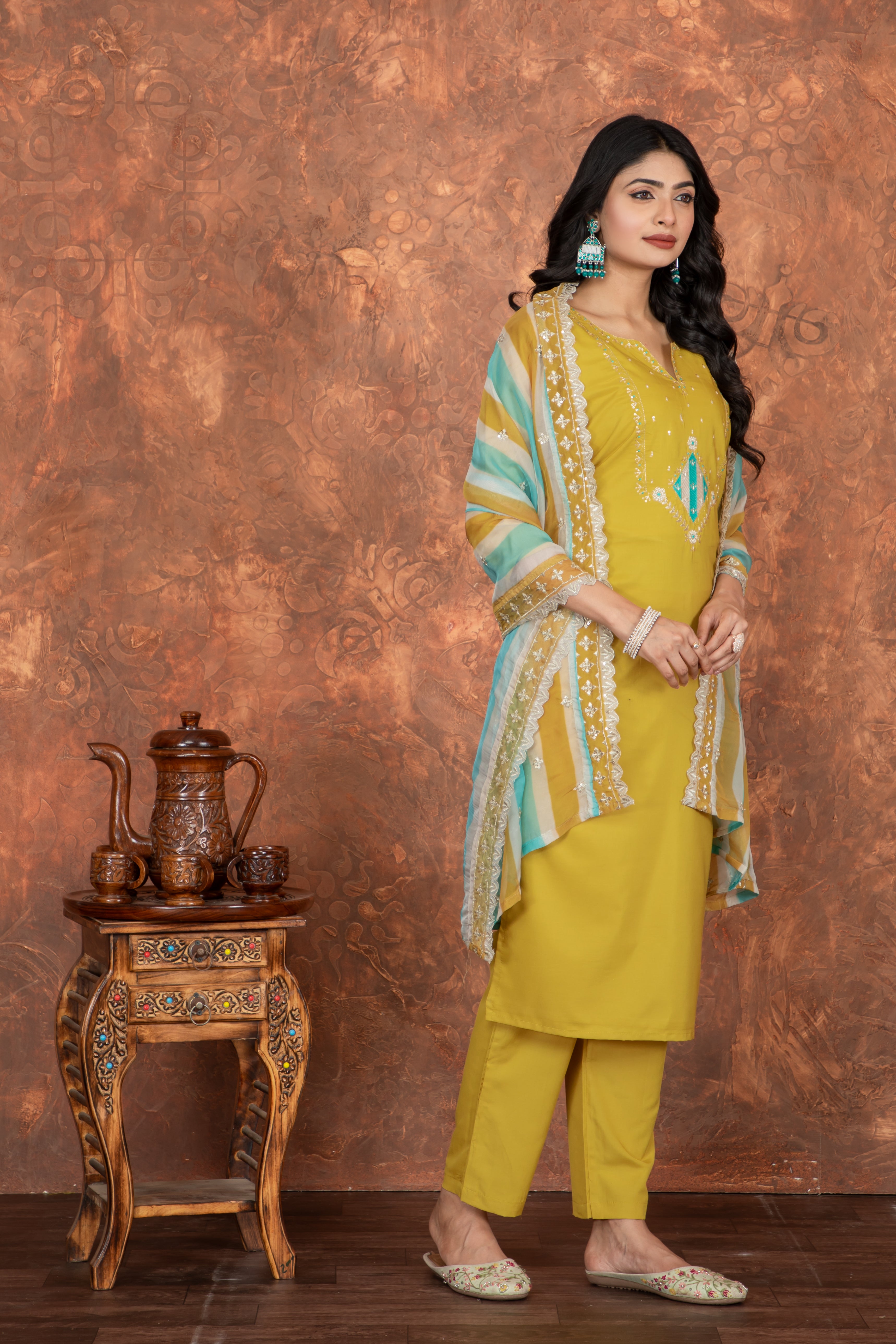 Mustard Yellow Embroidered Kurti Set with Striped Dupatta – Viscose Rayon Silk | Festive & Ethnic Wear