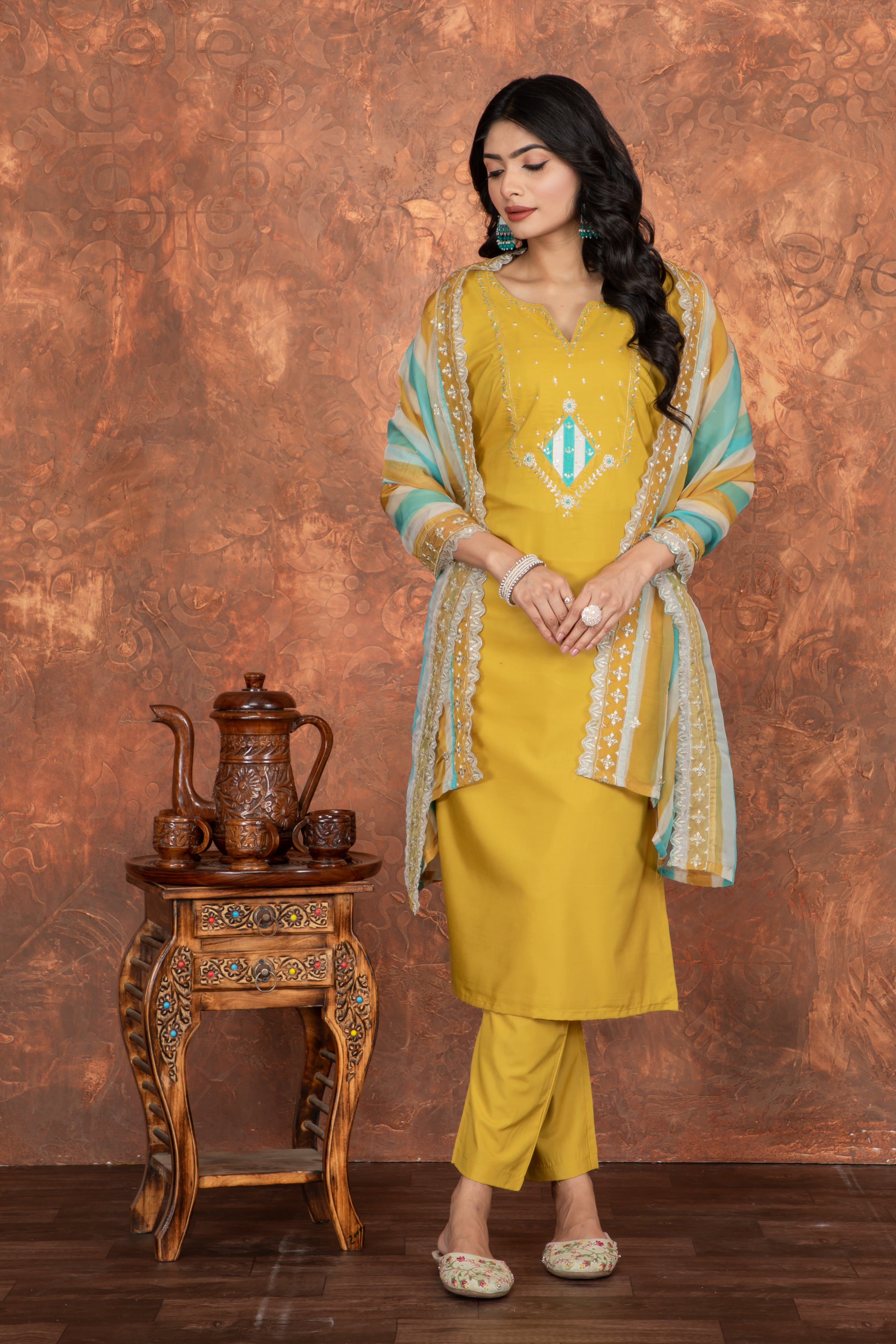 Mustard Yellow Embroidered Kurti Set with Striped Dupatta – Viscose Rayon Silk | Festive & Ethnic Wear