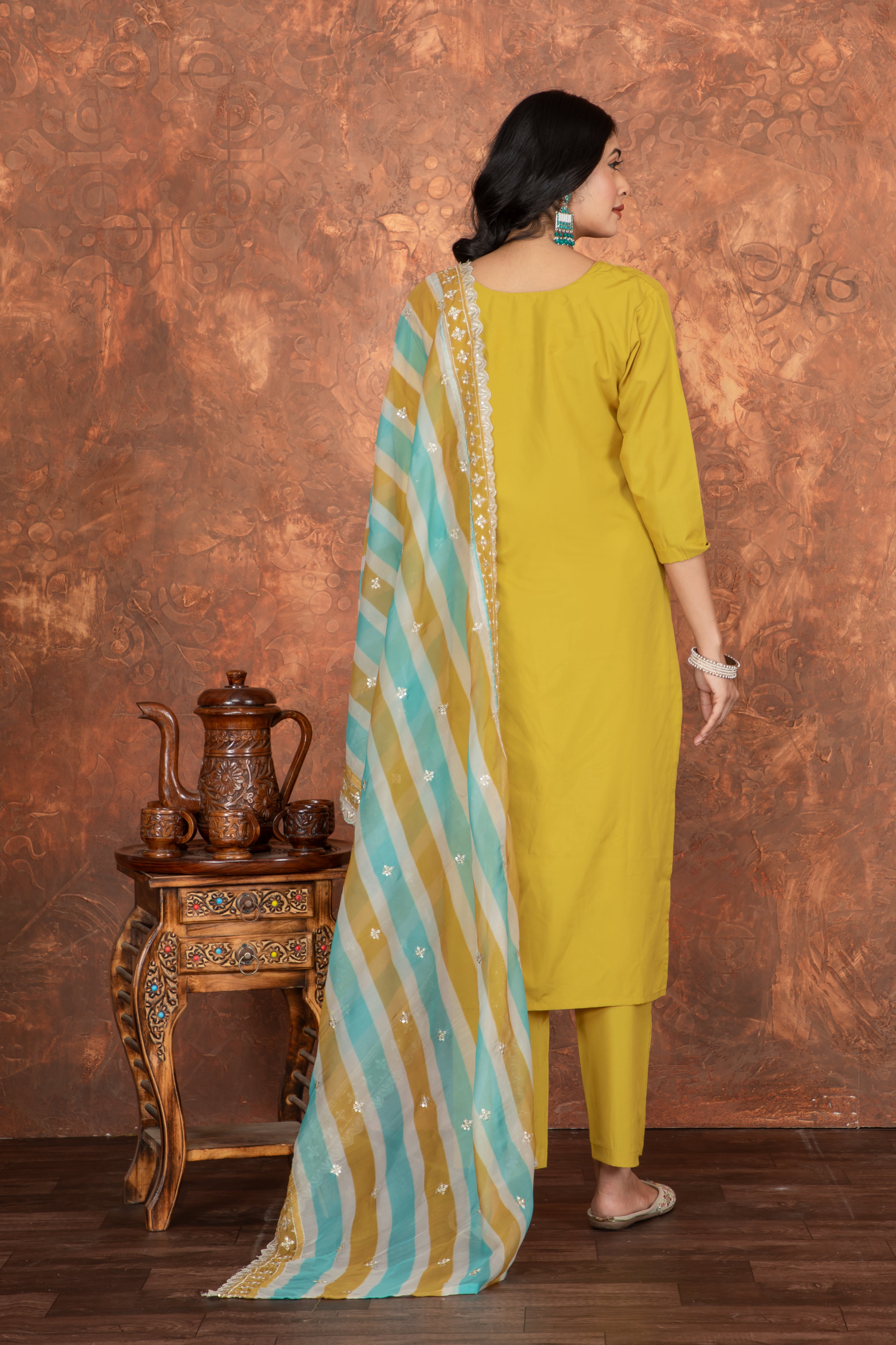 Mustard Yellow Embroidered Kurti Set with Striped Dupatta – Viscose Rayon Silk | Festive & Ethnic Wear
