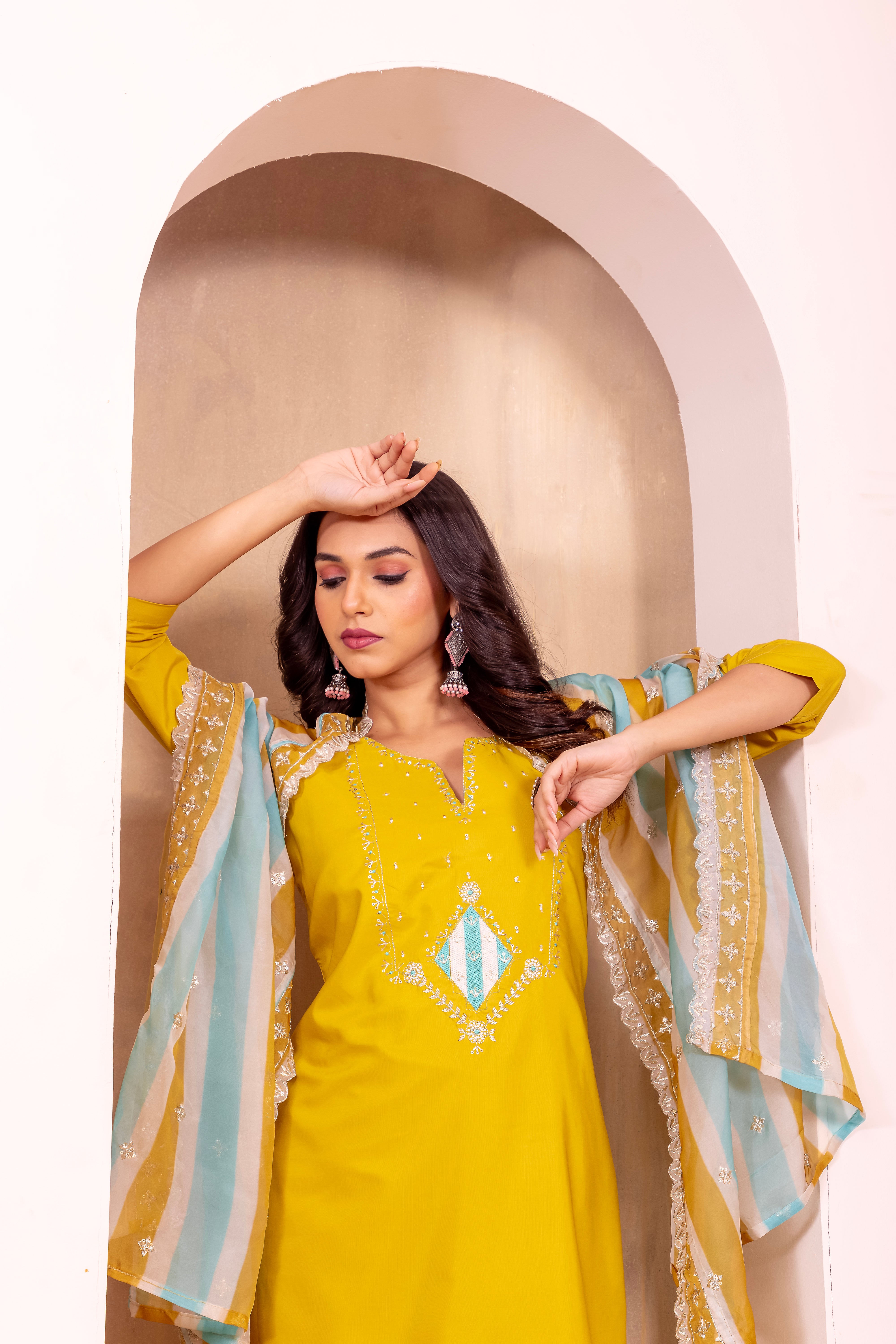 Mustard Yellow Embroidered Kurti Set with Striped Dupatta – Viscose Rayon Silk | Festive & Ethnic Wear