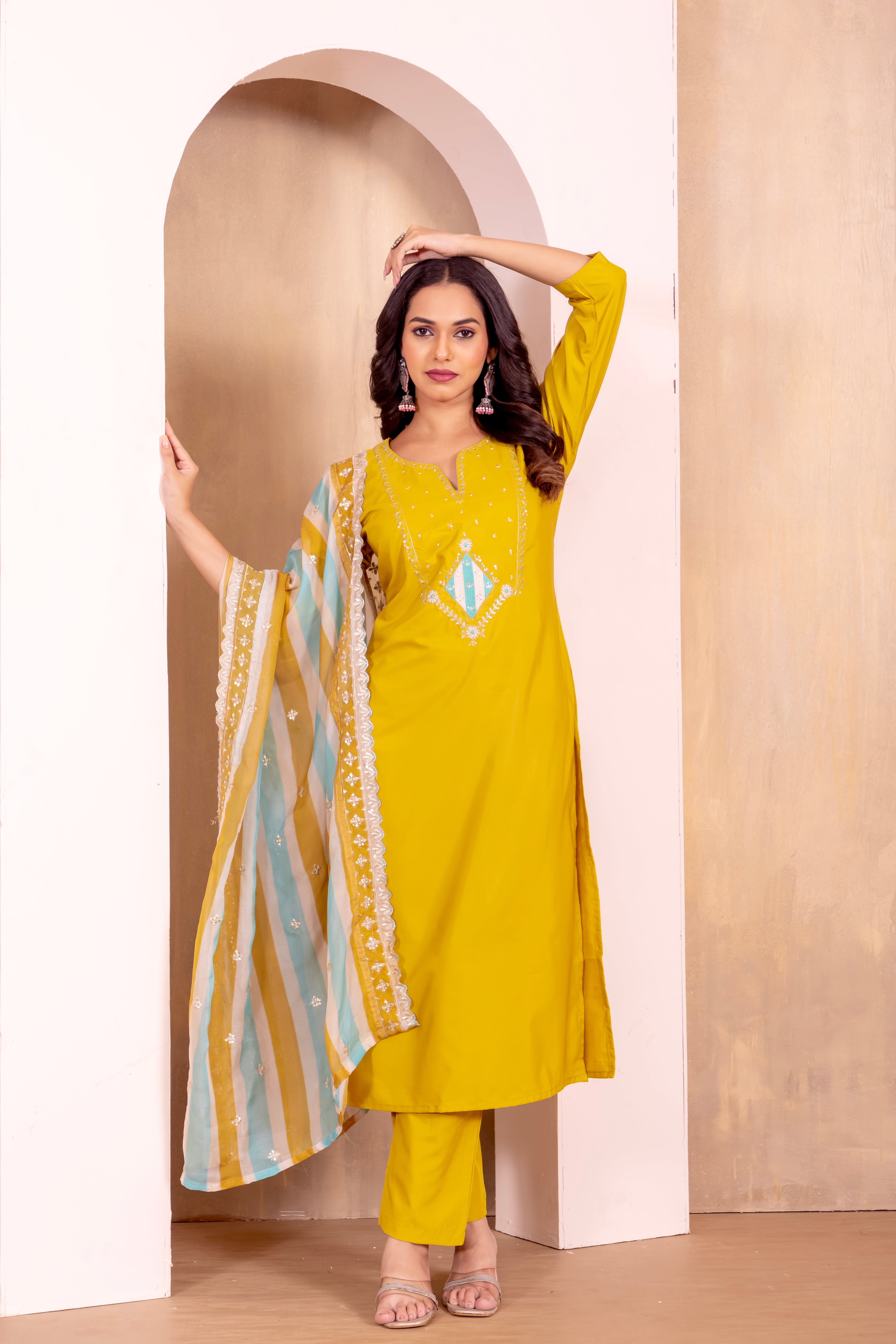 Mustard Yellow Embroidered Kurti Set with Striped Dupatta – Viscose Rayon Silk | Festive & Ethnic Wear