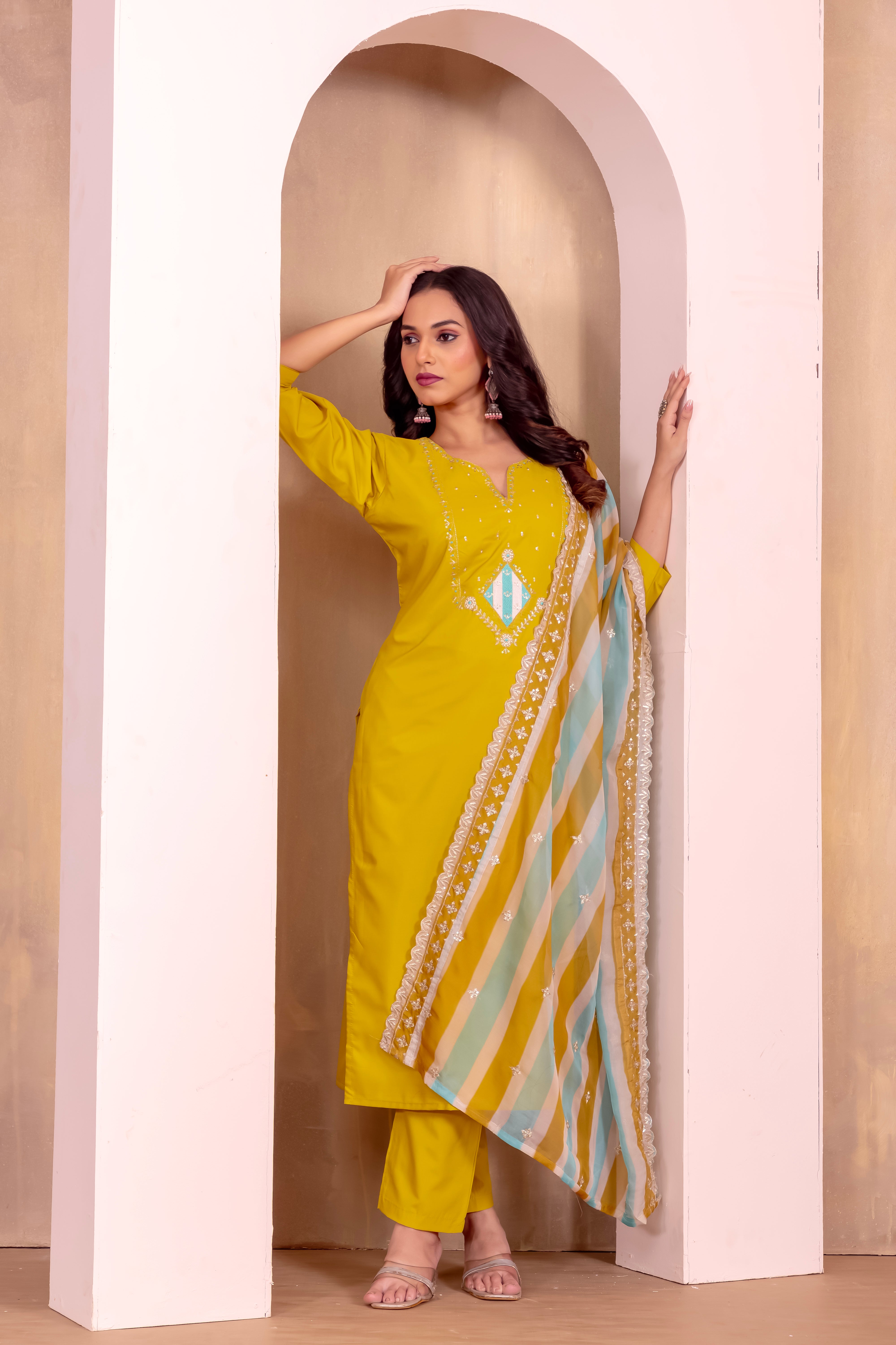 Mustard Yellow Embroidered Kurti Set with Striped Dupatta – Viscose Rayon Silk | Festive & Ethnic Wear