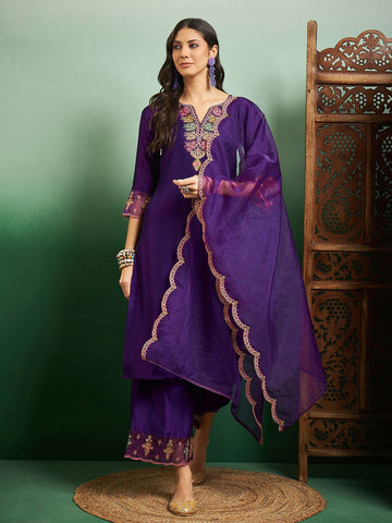 Elegant Purple Chanderi Embroidered Kurti Set with Organza Dupatta | Festive & Party Wear Suit (S–XXL)