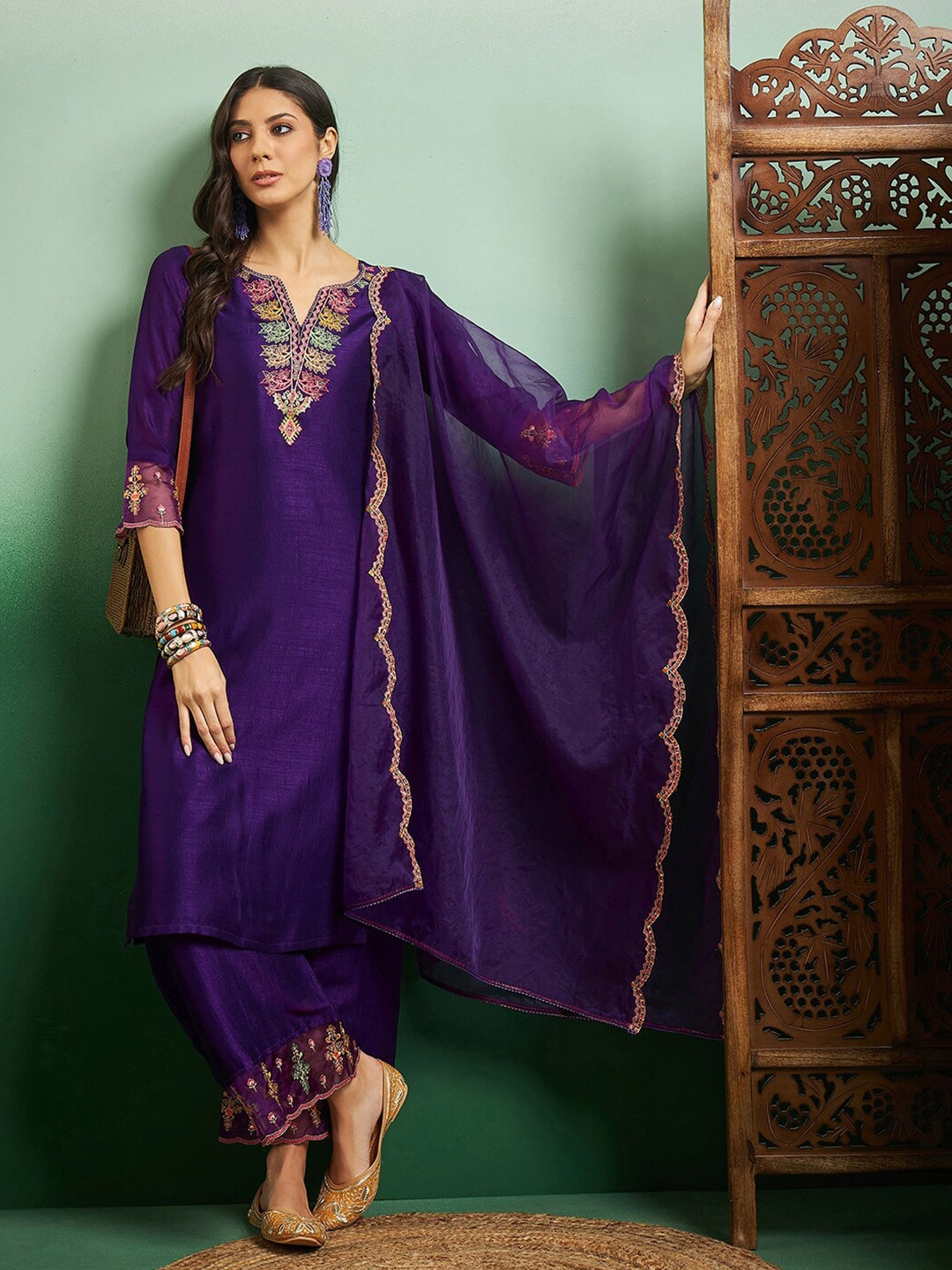 Elegant Purple Chanderi Embroidered Kurti Set with Organza Dupatta | Festive & Party Wear Suit (S–XXL)