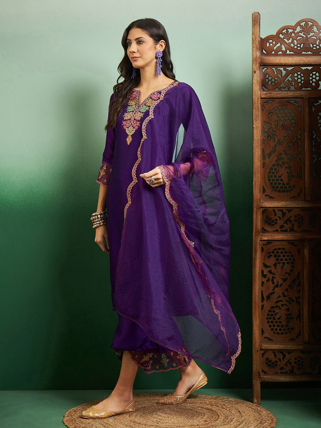 Elegant Purple Chanderi Embroidered Kurti Set with Organza Dupatta | Festive & Party Wear Suit (S–XXL)