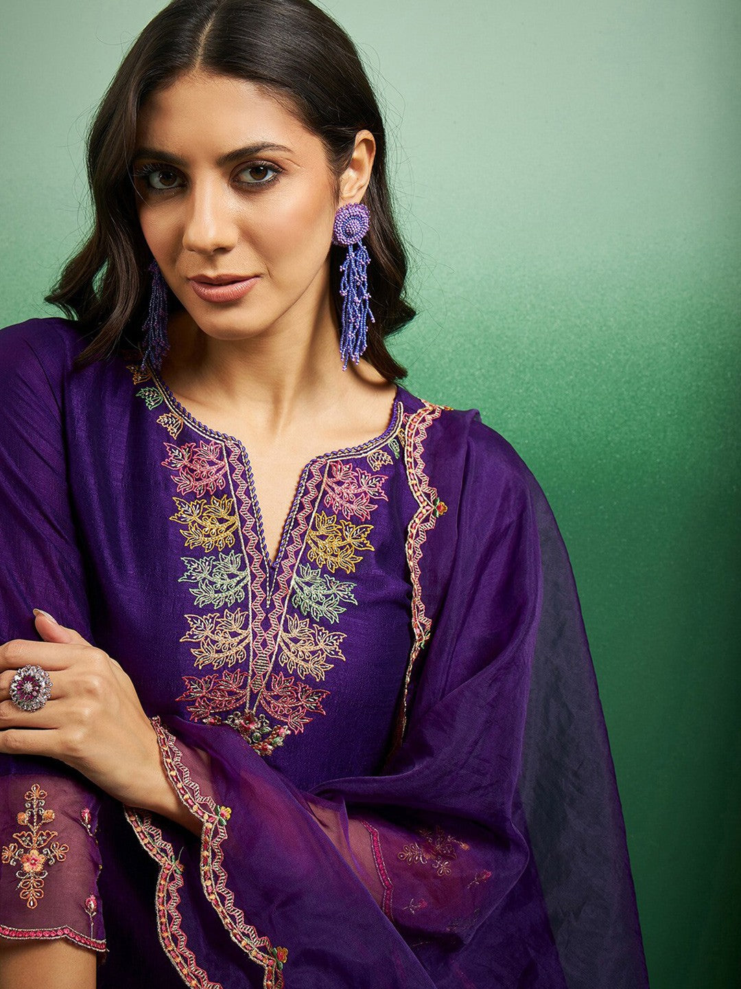 Elegant Purple Chanderi Embroidered Kurti Set with Organza Dupatta | Festive & Party Wear Suit (S–XXL)