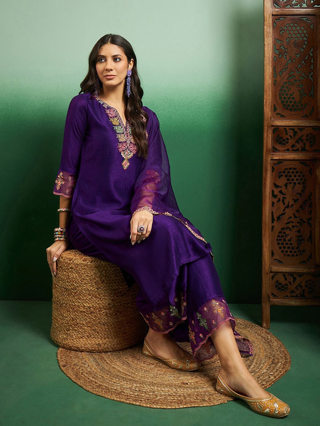 Elegant Purple Chanderi Embroidered Kurti Set with Organza Dupatta | Festive & Party Wear Suit (S–XXL)