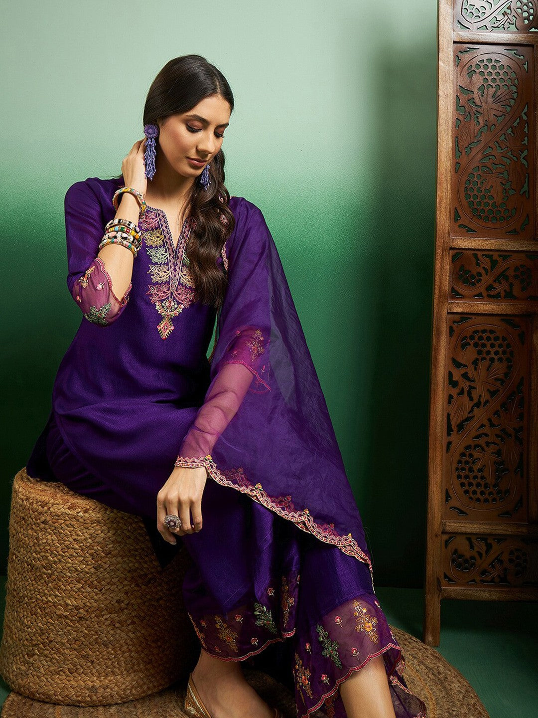 Elegant Purple Chanderi Embroidered Kurti Set with Organza Dupatta | Festive & Party Wear Suit (S–XXL)