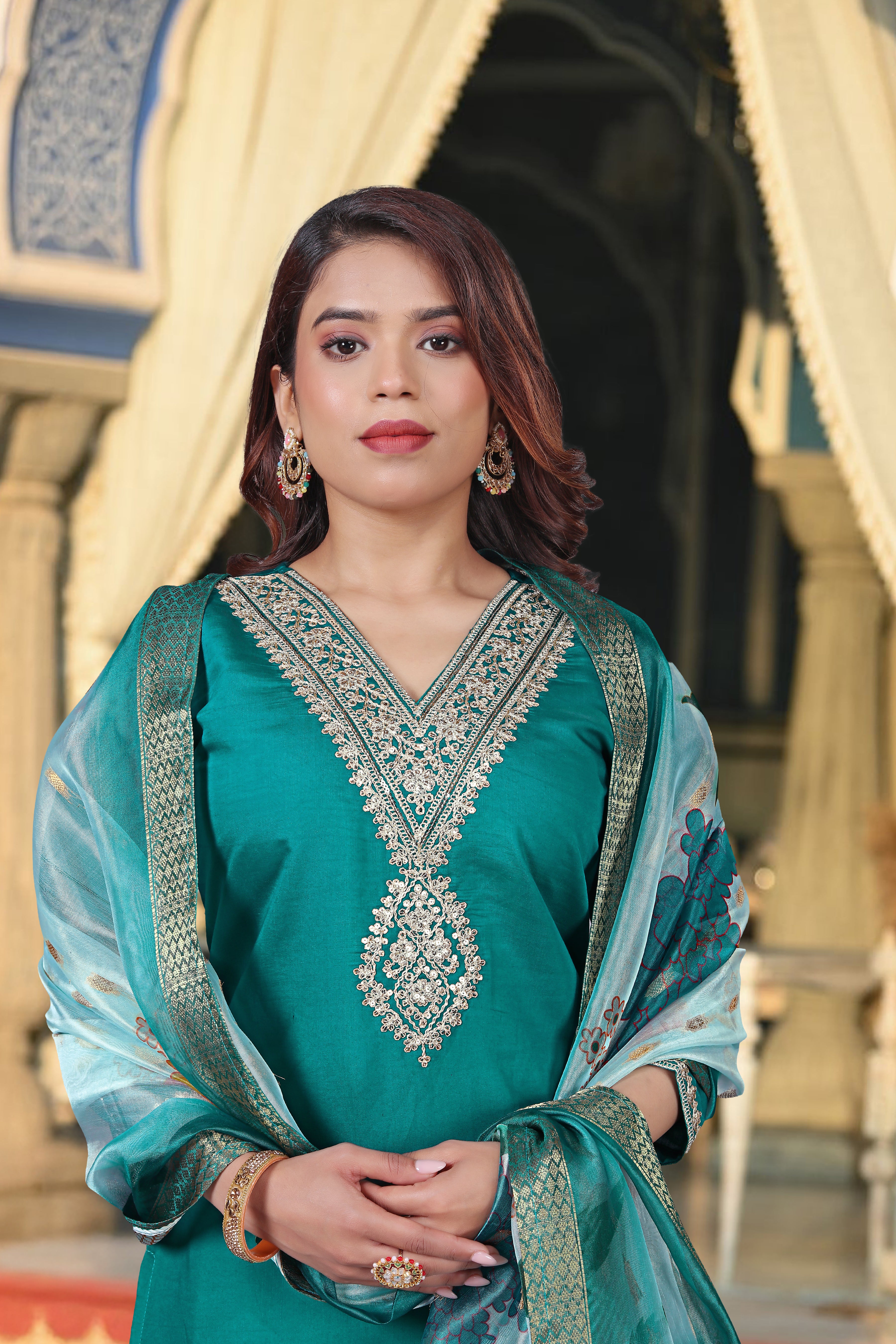 Elegant Teal Green Viscose Chanderi Embroidered Kurti Set with Jacquard Dupatta (3-Piece Set)