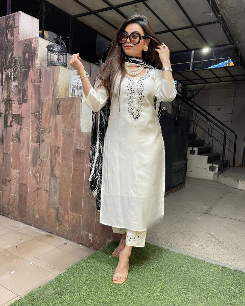 Elegant Ivory Printed Kurti Set with Organza Dupatta | Viscose Blend Rayon Kurta Pant Set for Women