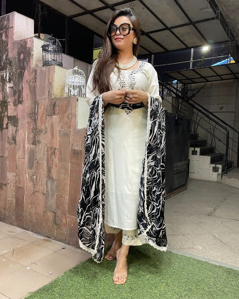 Elegant Ivory Printed Kurti Set with Organza Dupatta | Viscose Blend Rayon Kurta Pant Set for Women