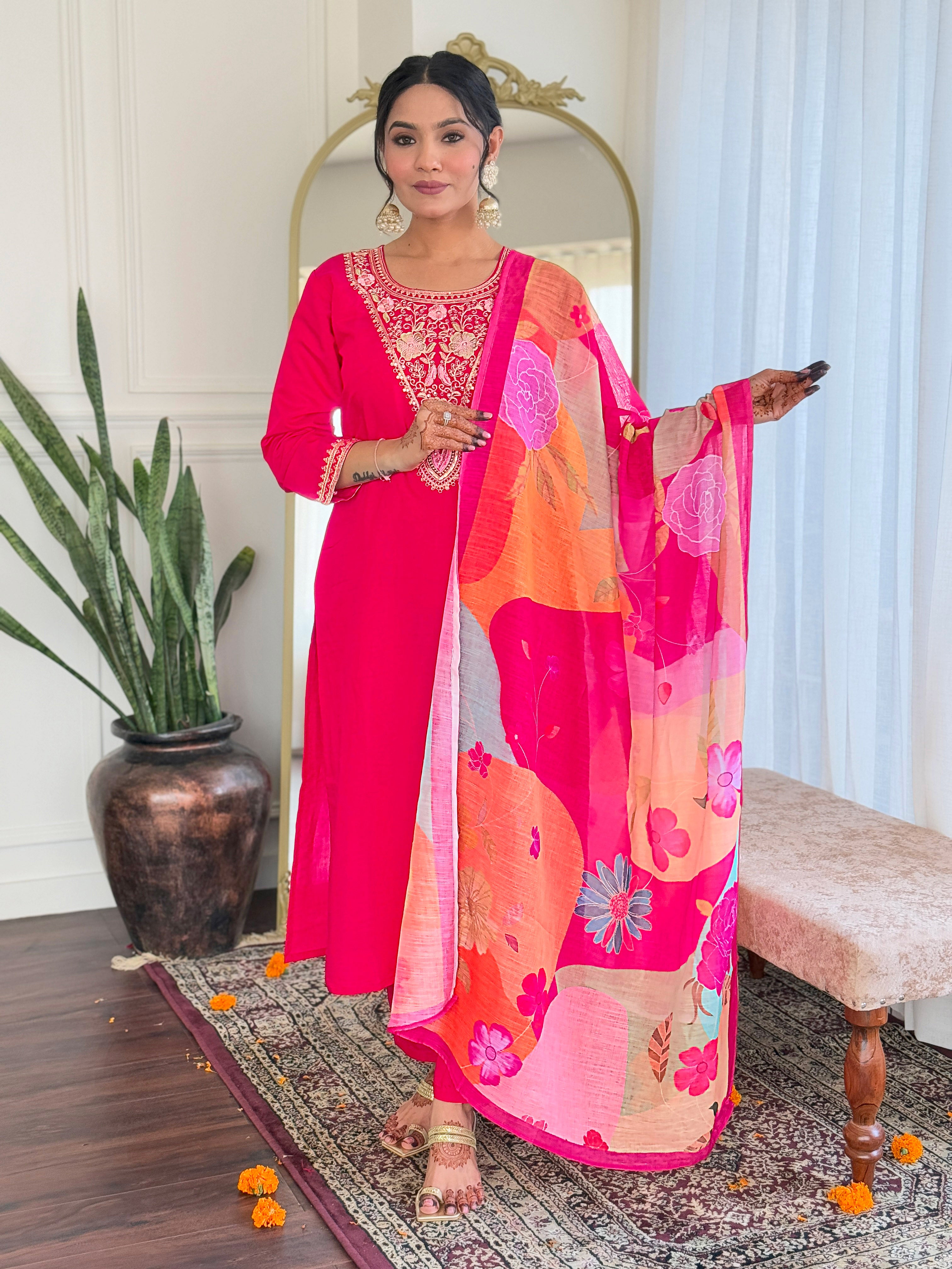 Elegant Pink Viscose Chanderi Embroidered Kurti Set with Linen Dupatta | Festive & Ethnic Wear (S–XXL)