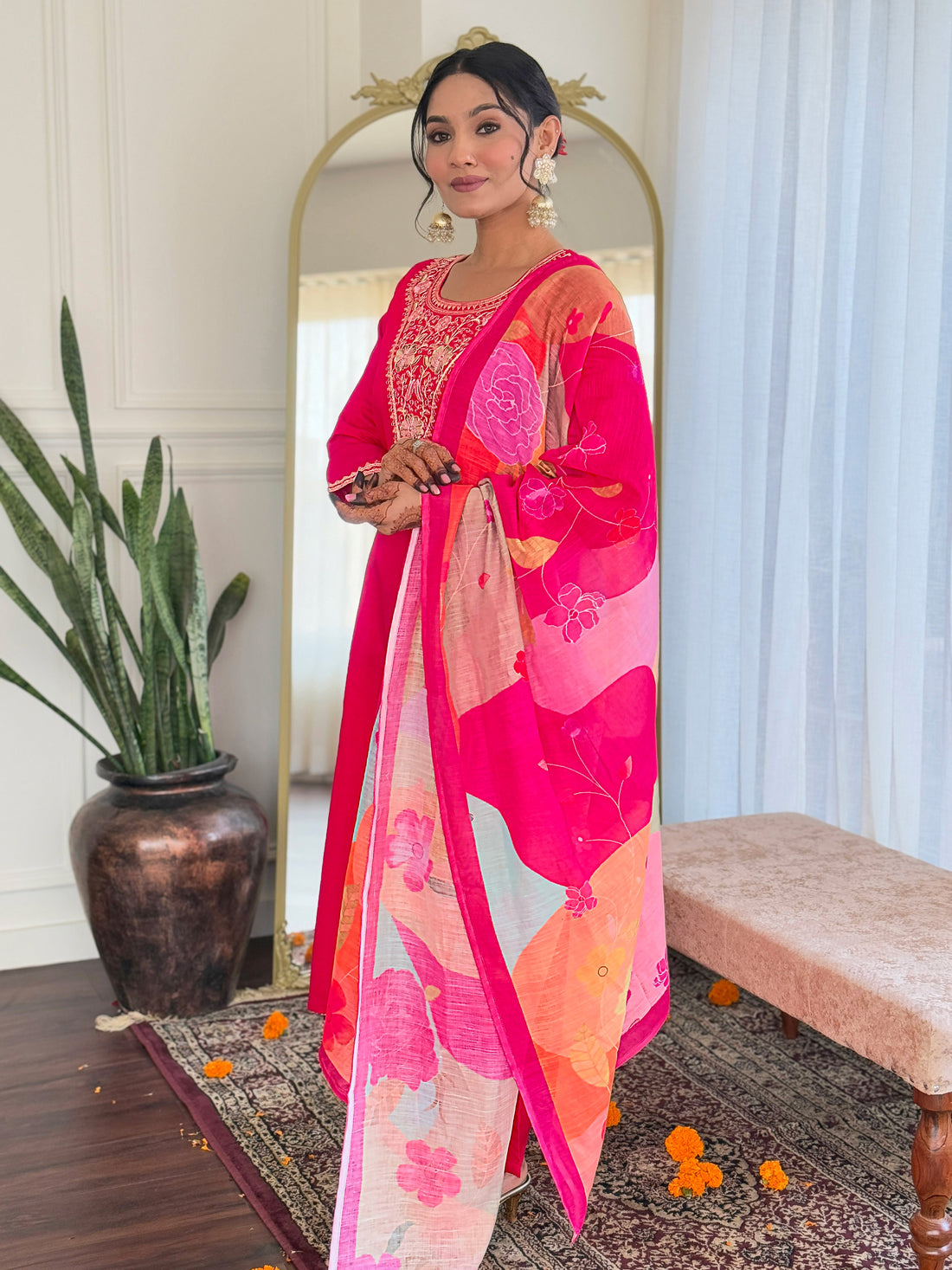 Elegant Pink Viscose Chanderi Embroidered Kurti Set with Linen Dupatta | Festive & Ethnic Wear (S–XXL)