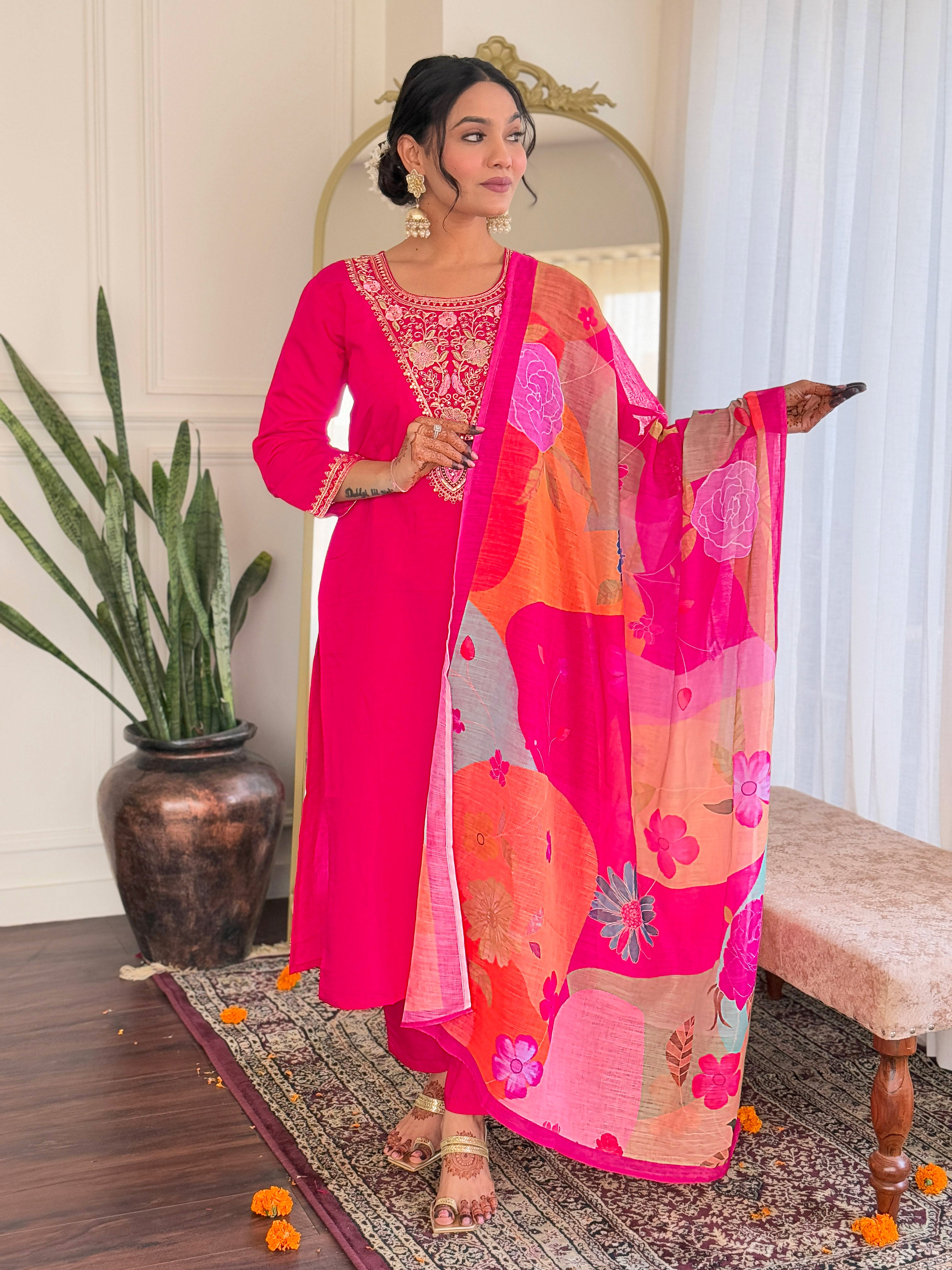 Elegant Pink Viscose Chanderi Embroidered Kurti Set with Linen Dupatta | Festive & Ethnic Wear (S–XXL)