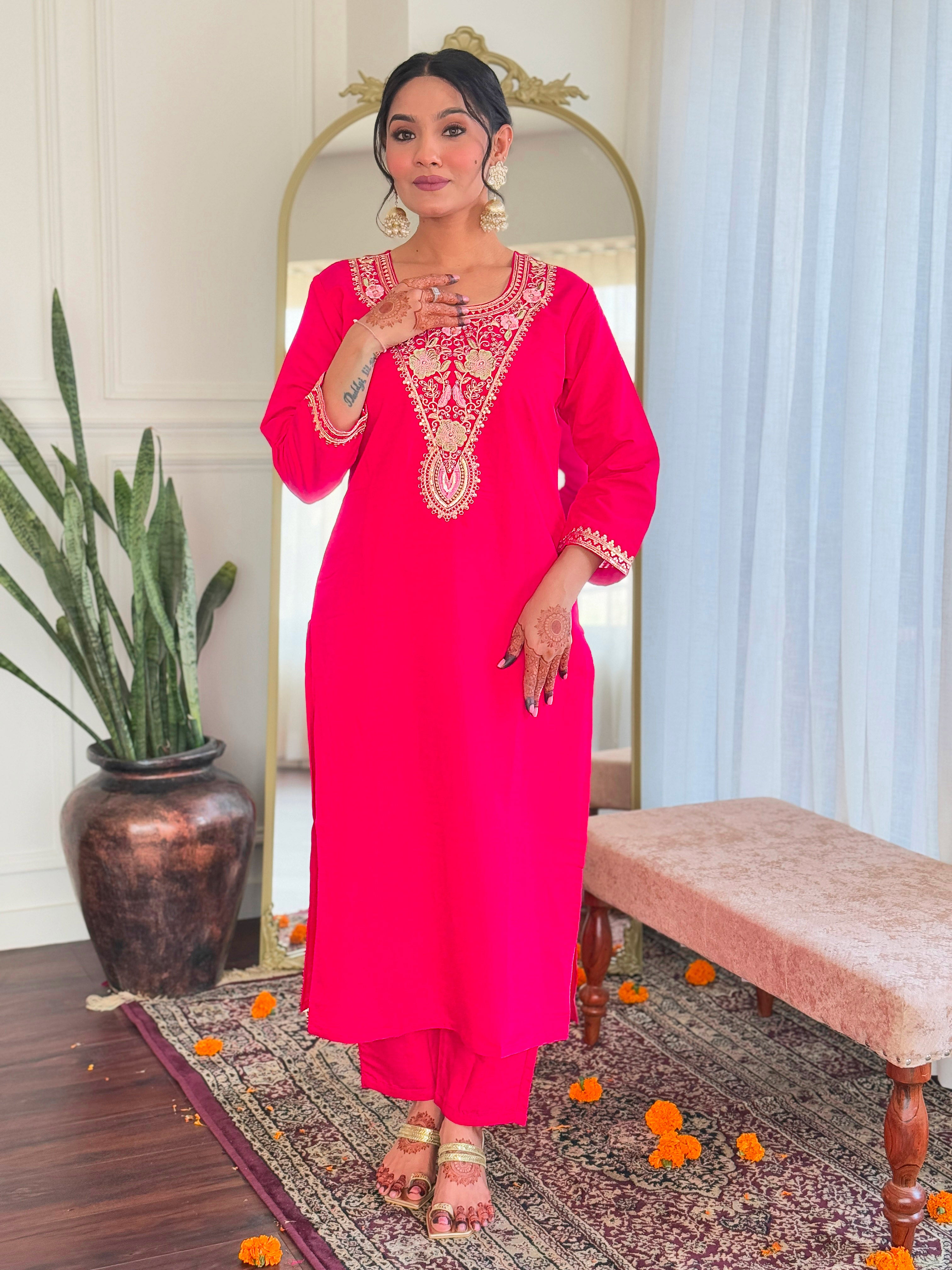 Elegant Pink Viscose Chanderi Embroidered Kurti Set with Linen Dupatta | Festive & Ethnic Wear (S–XXL)