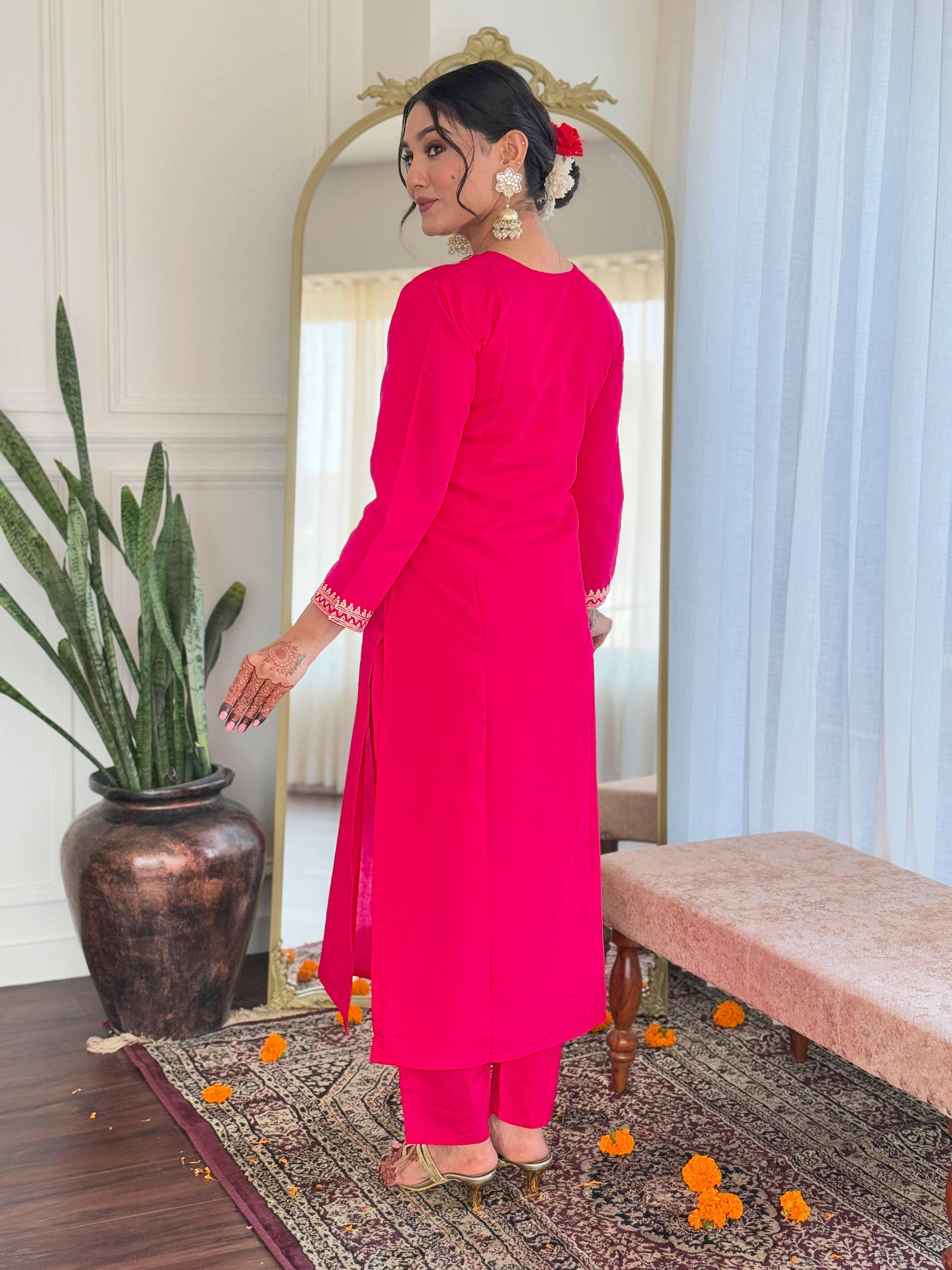 Elegant Pink Viscose Chanderi Embroidered Kurti Set with Linen Dupatta | Festive & Ethnic Wear (S–XXL)