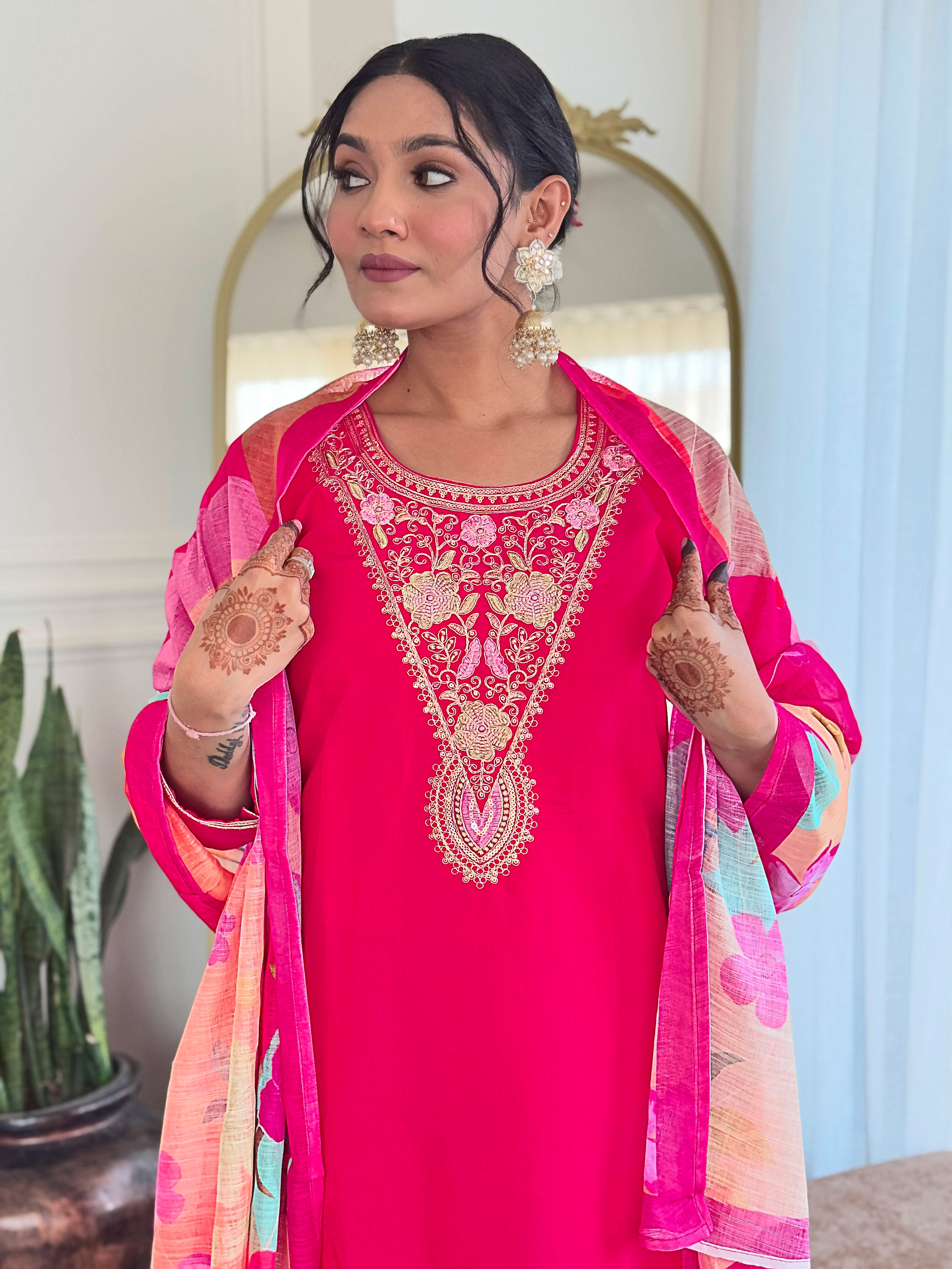 Elegant Pink Viscose Chanderi Embroidered Kurti Set with Linen Dupatta | Festive & Ethnic Wear (S–XXL)